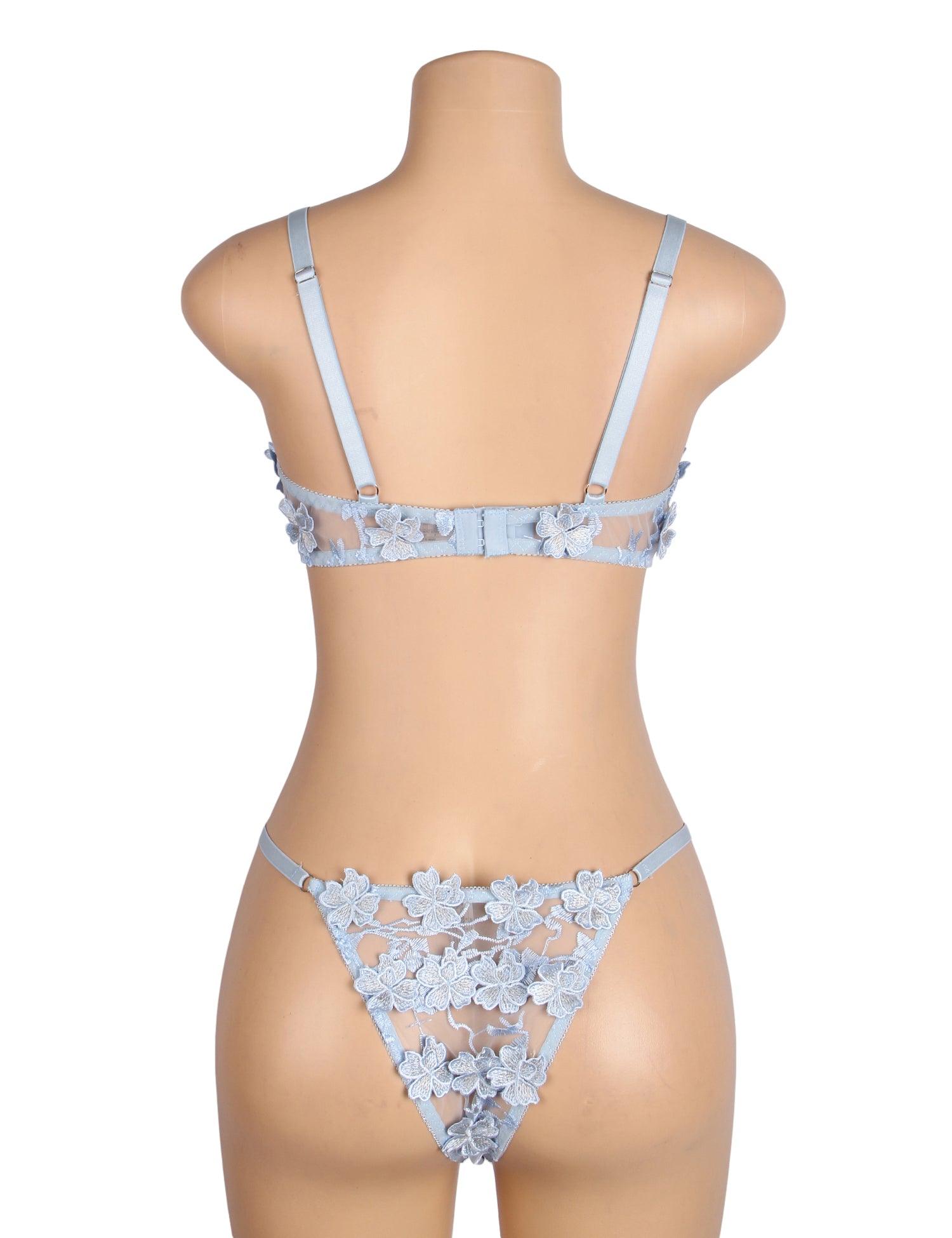 Blue Sexy Floral Mesh Embroidery Lace Bra Set