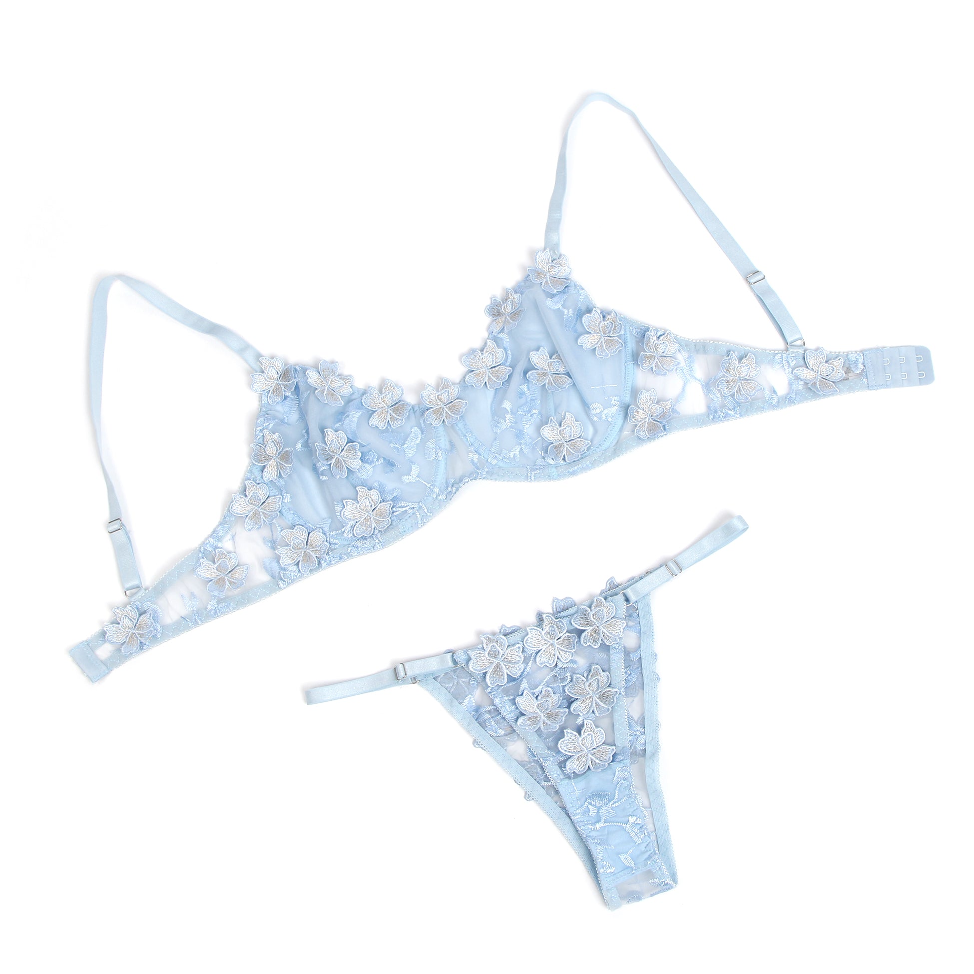Blue Sexy Floral Mesh Embroidery Lace Bra Set