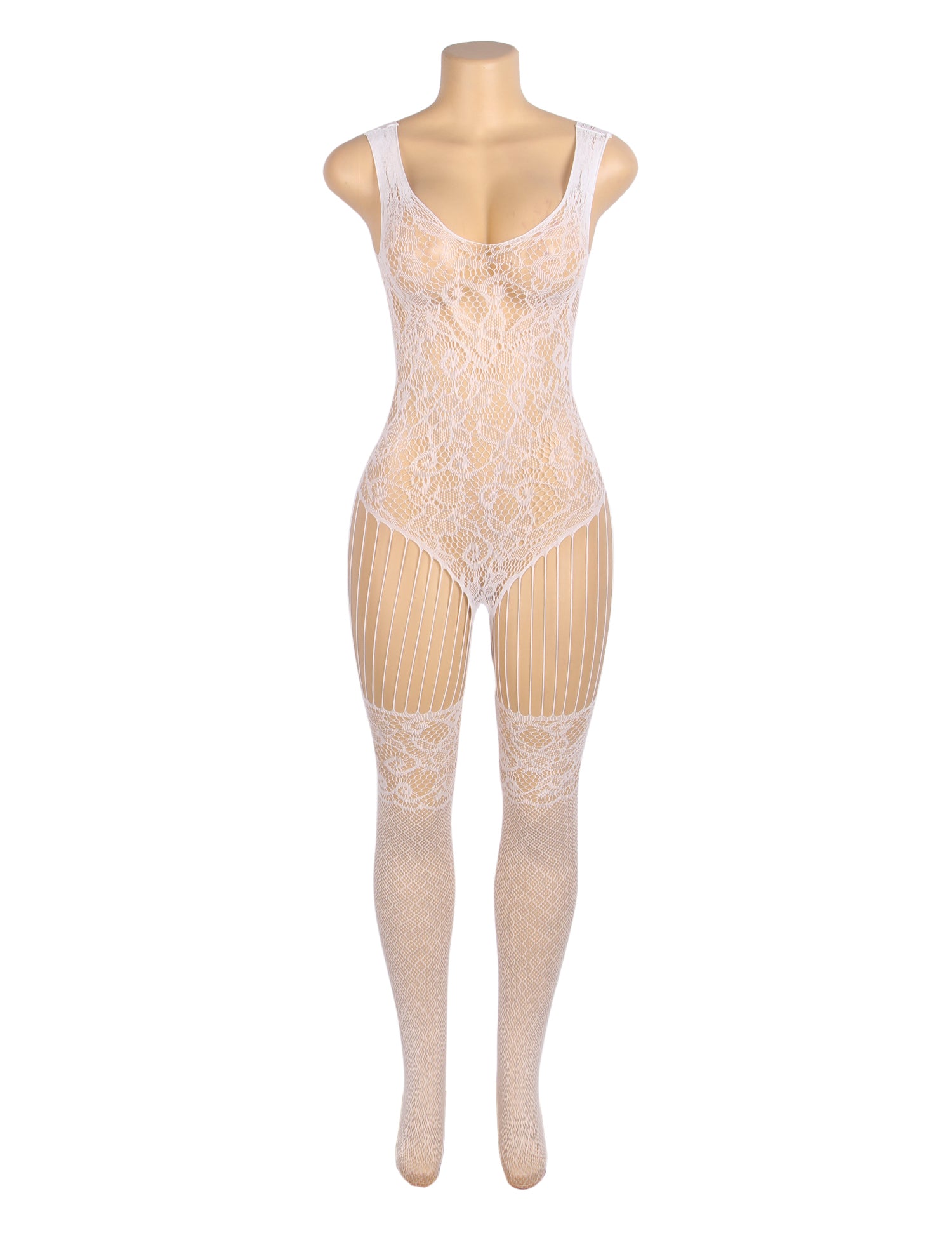 White Sexy Jacquard Luminous Glow In The Dark Open Crotch Bodystocking