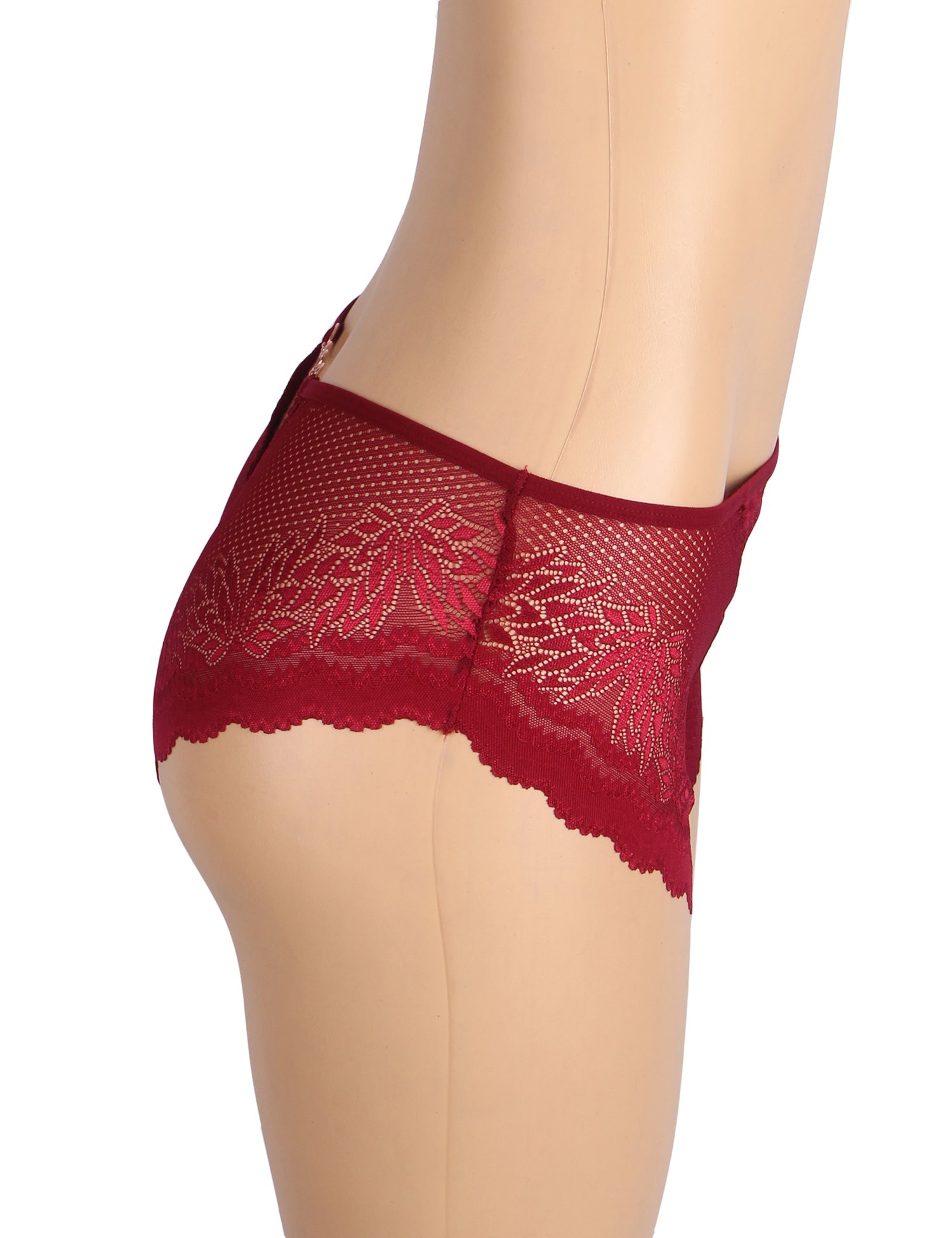 Burgundy Sexy Metal Heart Lace Hollow Out Women Panty