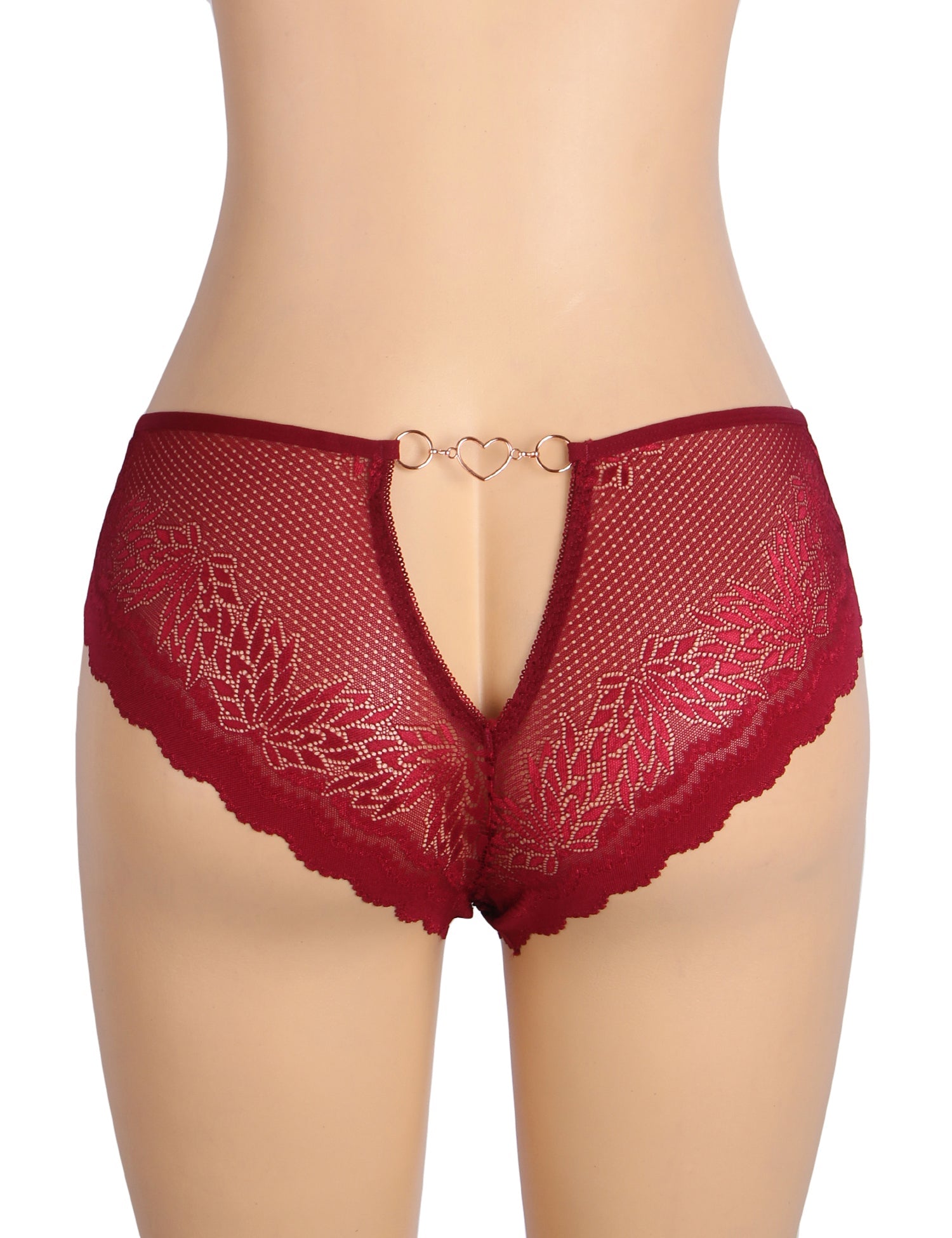Burgundy Sexy Metal Heart Lace Hollow Out Women Panty