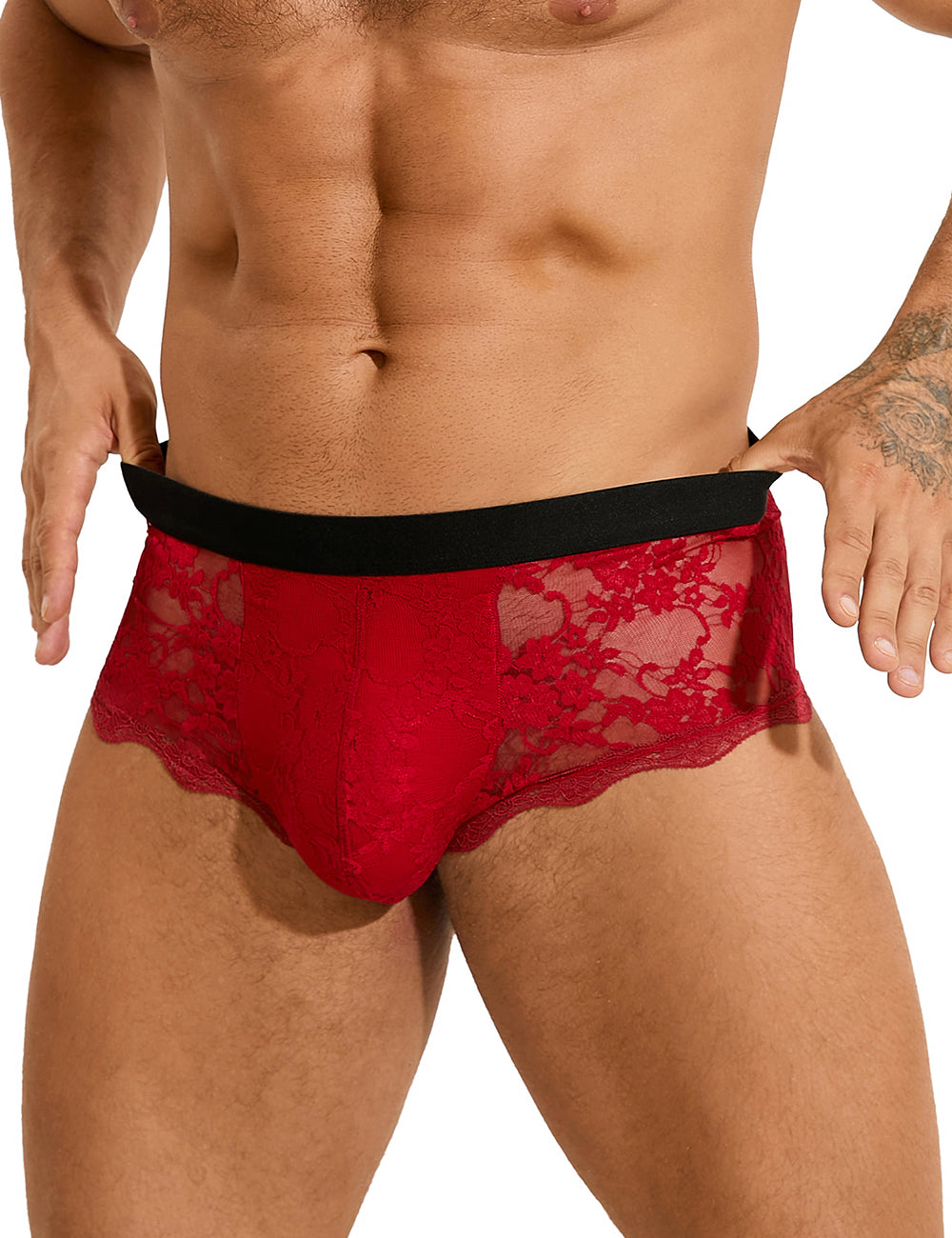 Burgundy Sexy Lace See Through Men Underwear
