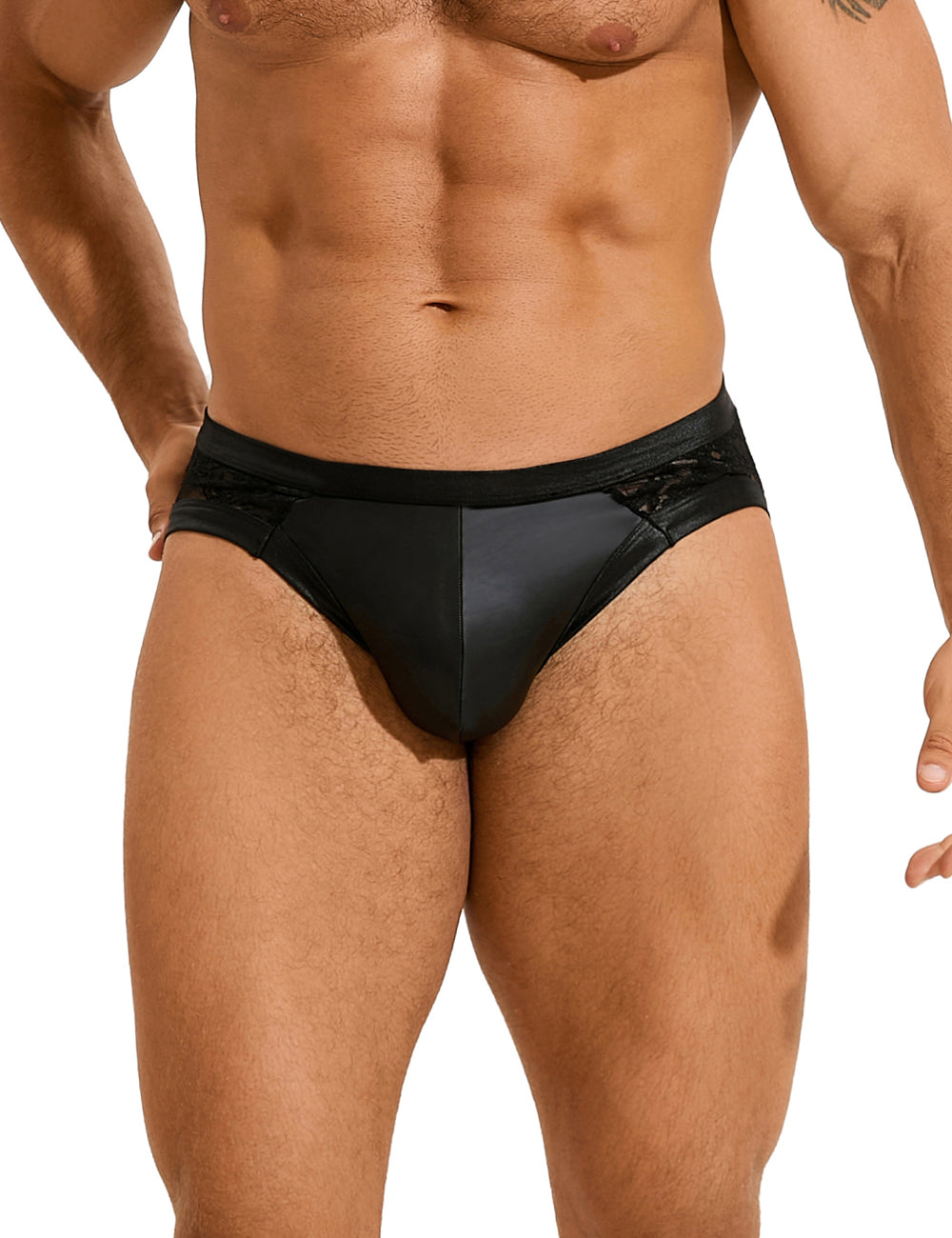 Black Sexy PU Leather Lace Men Underwear