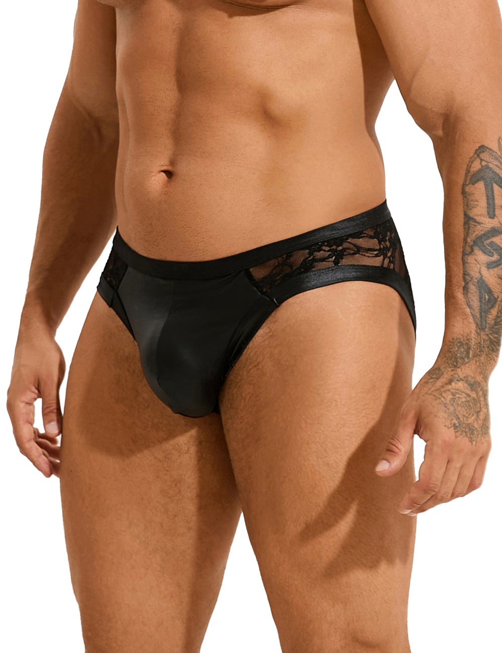 Black Sexy PU Leather Lace Men Underwear