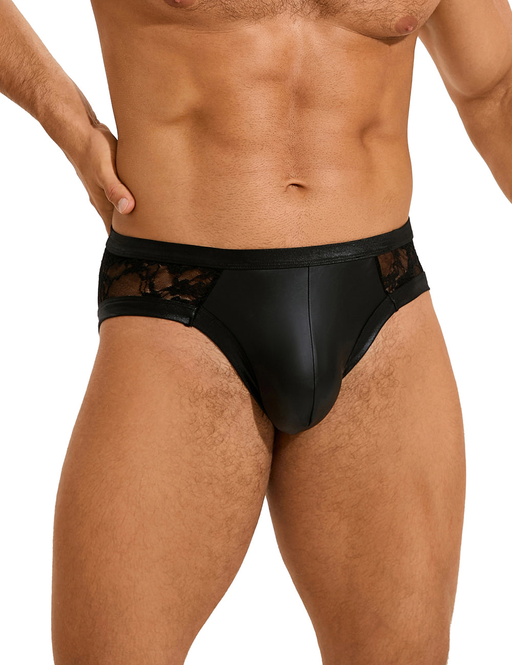 Black Sexy PU Leather Lace Men Underwear