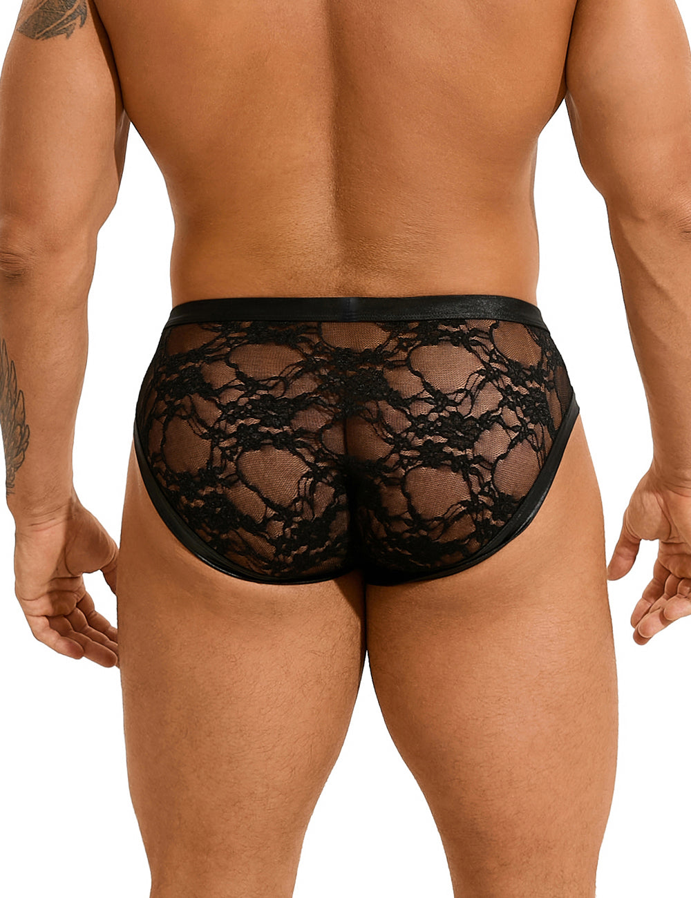 Black Sexy PU Leather Lace Men Underwear