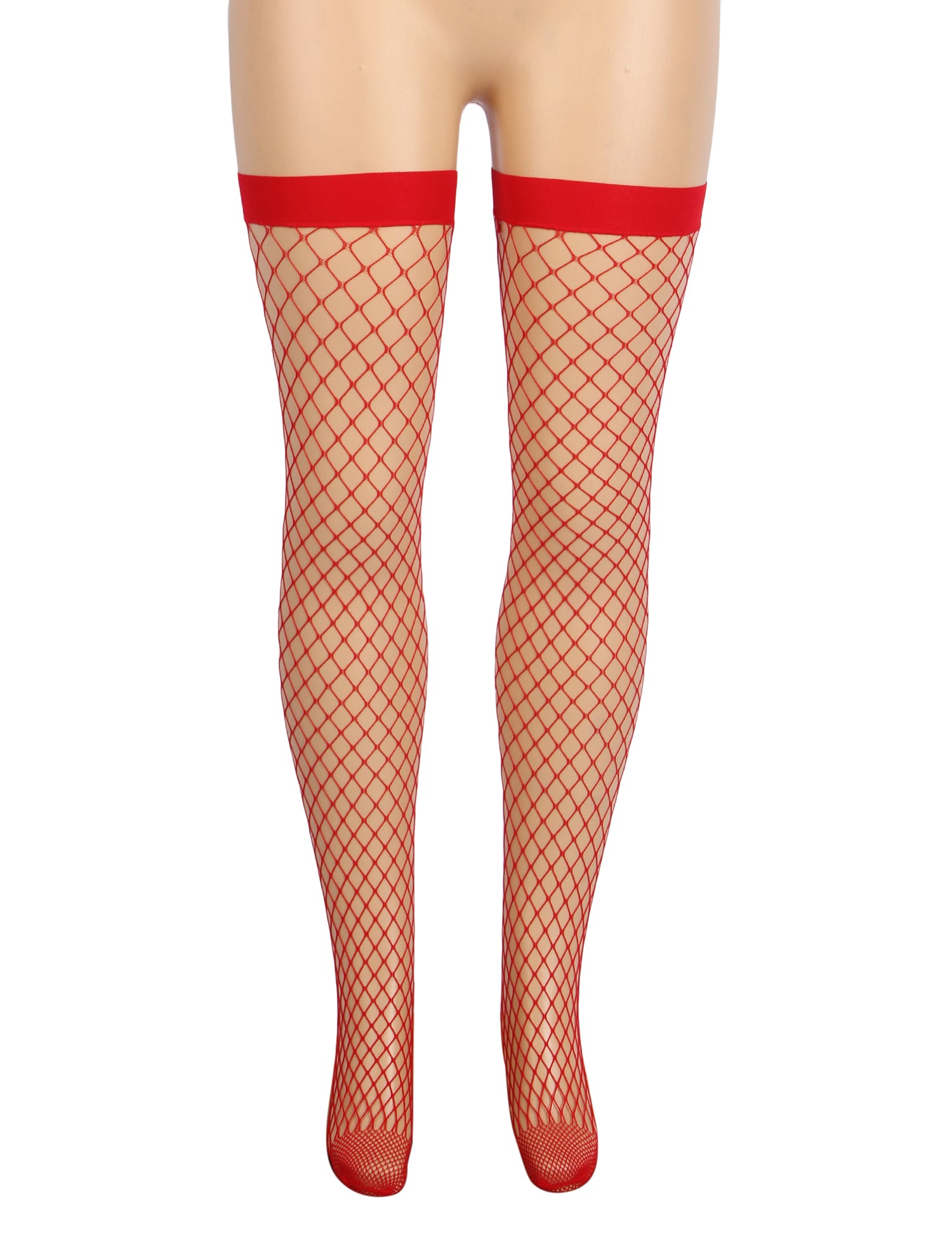 Red Sexy Medium Mesh Holes Anti-roll Cuff Fishnet Stockings
