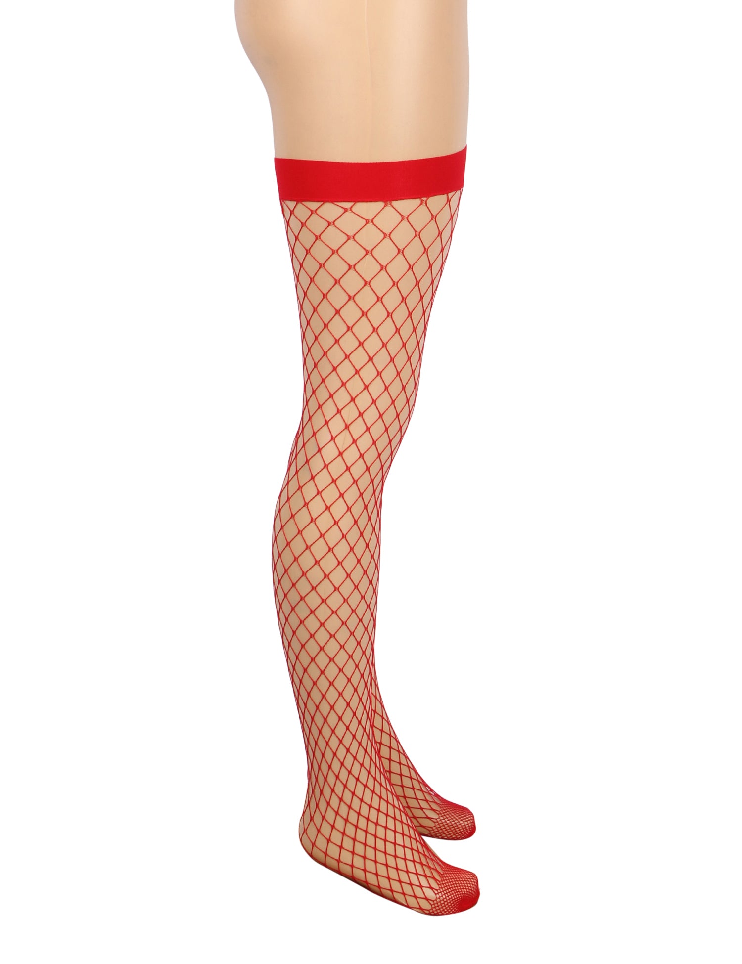 Red Sexy Medium Mesh Holes Anti-roll Cuff Fishnet Stockings