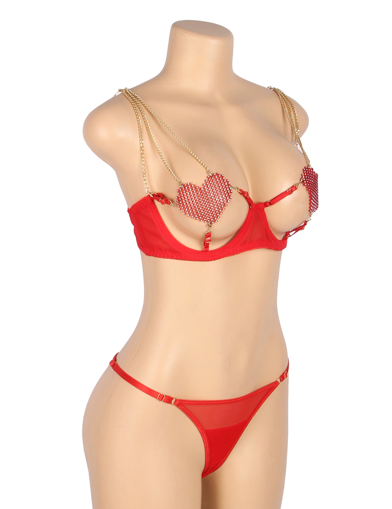 Red Sexy Mesh Heart Chain Bra Set