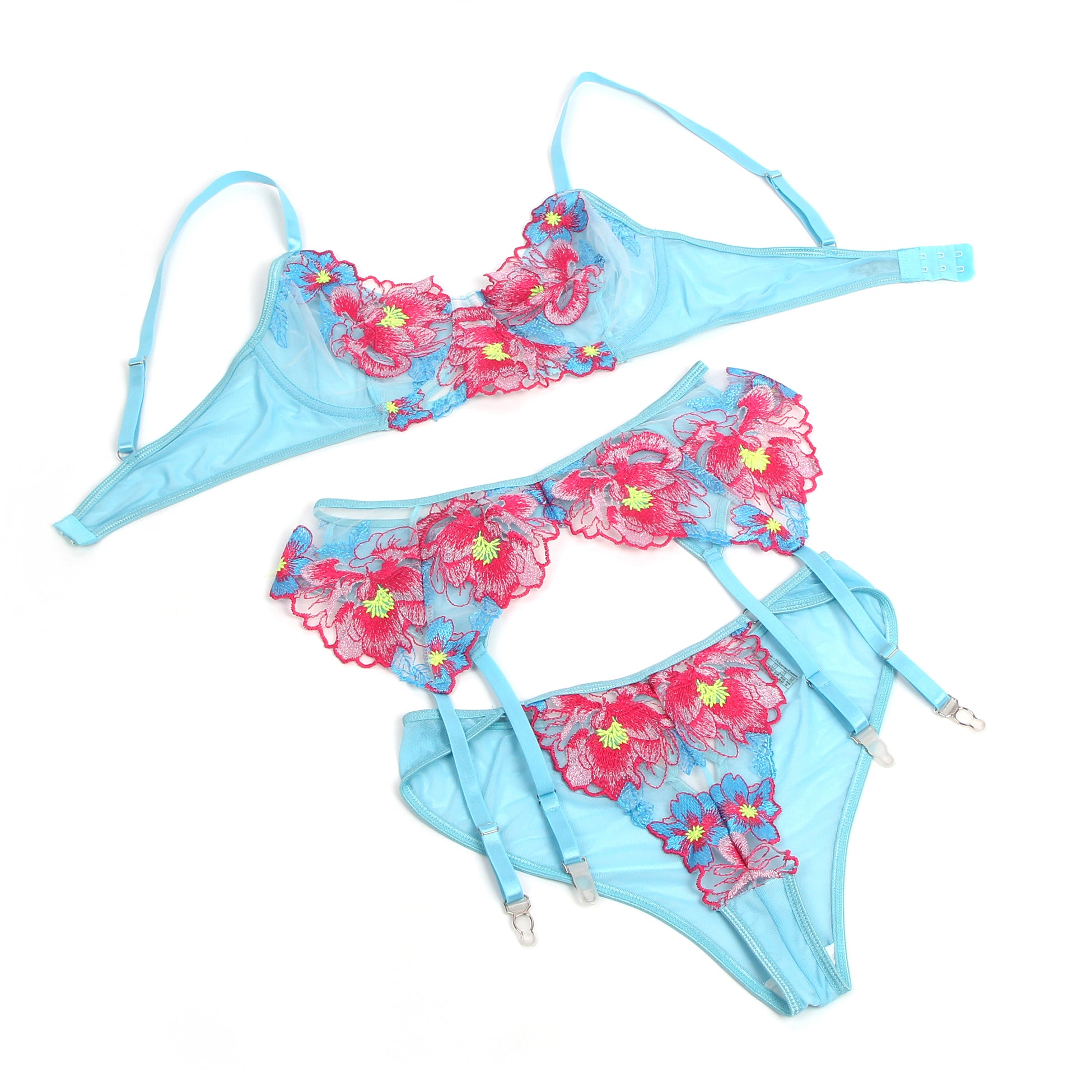 Blue Sexy Mesh Embossed Floral Bra Set with Garter Belt