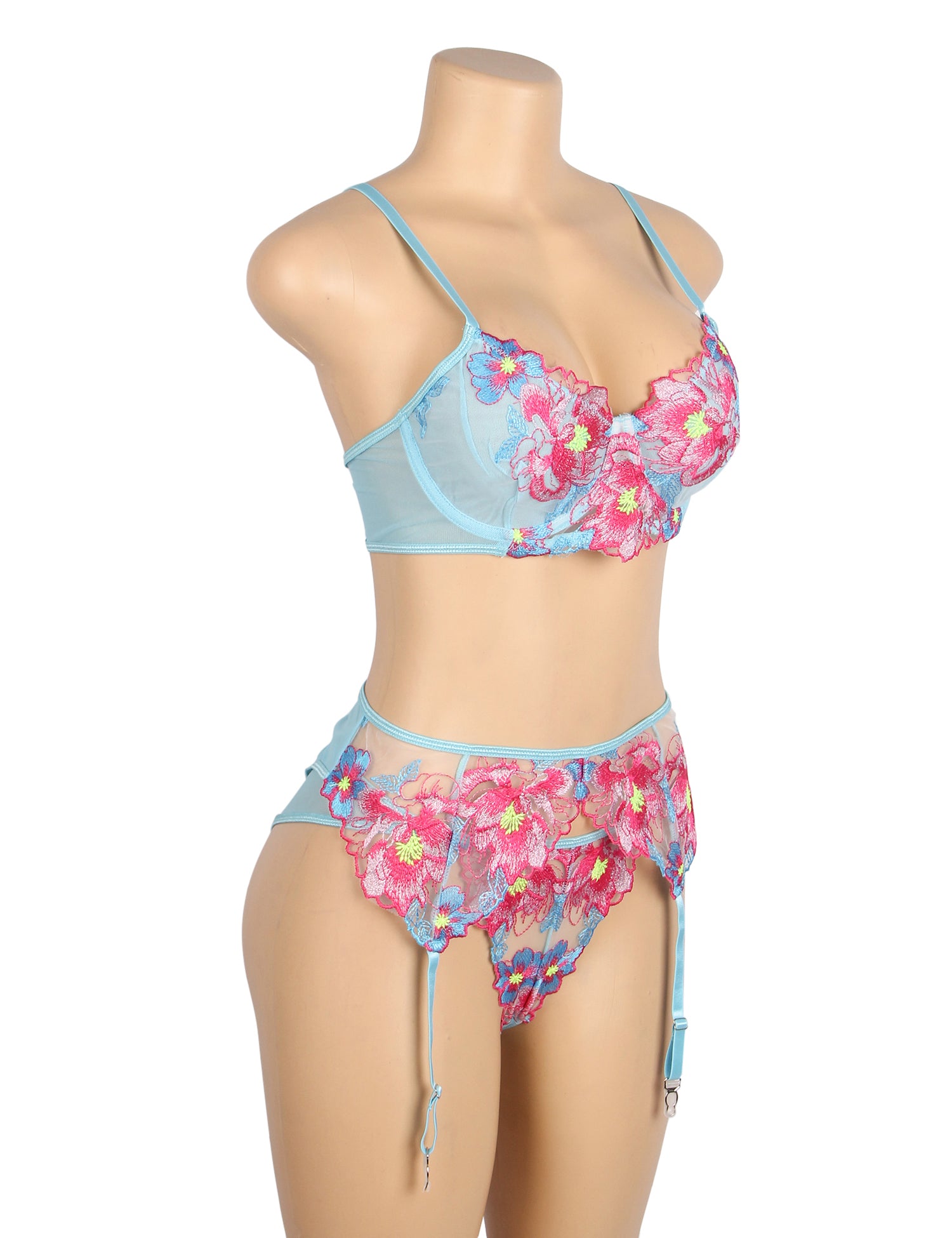 Blue Sexy Mesh Embossed Floral Bra Set with Garter Belt