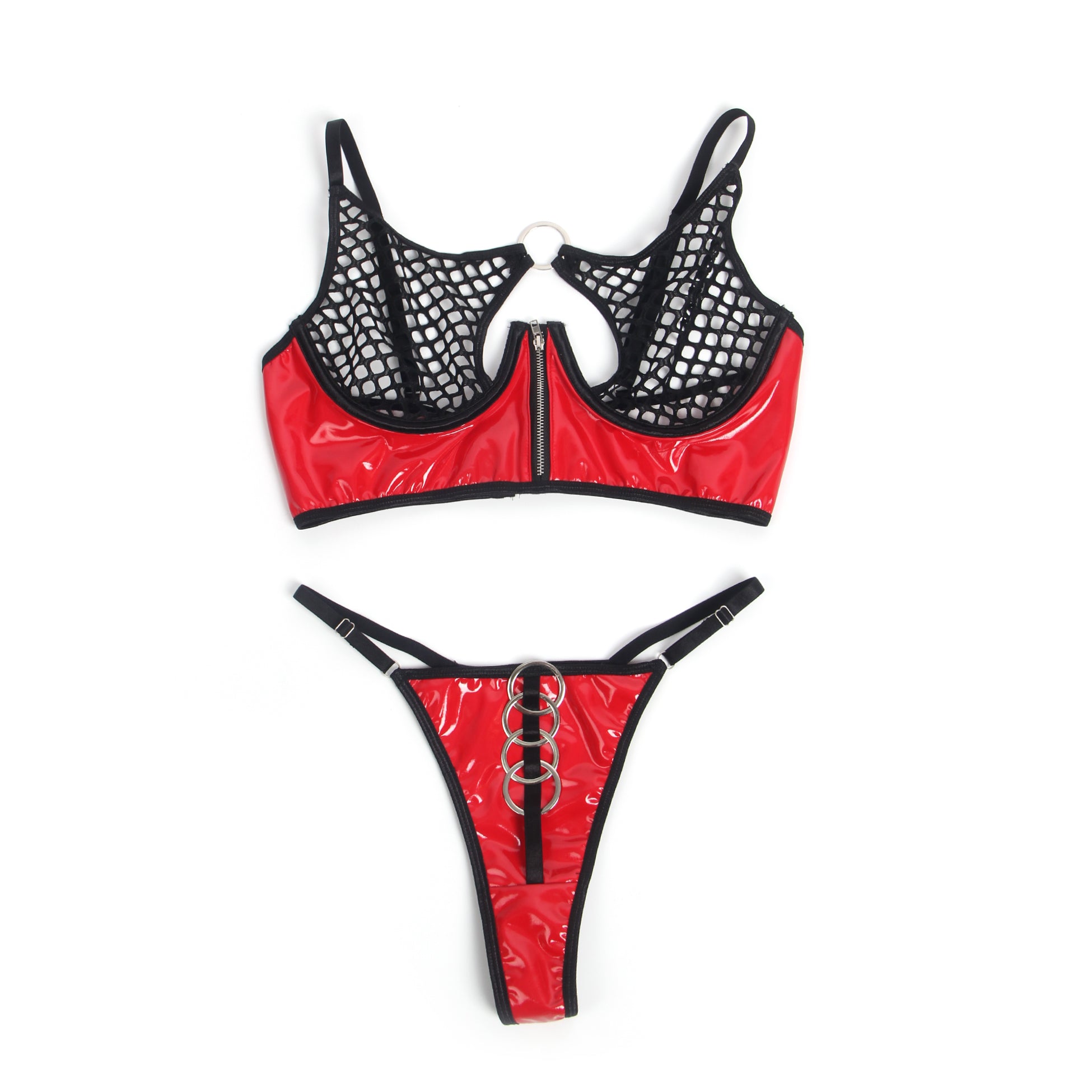 Red Sexy Patent Leather Mesh Zippered Bra Set
