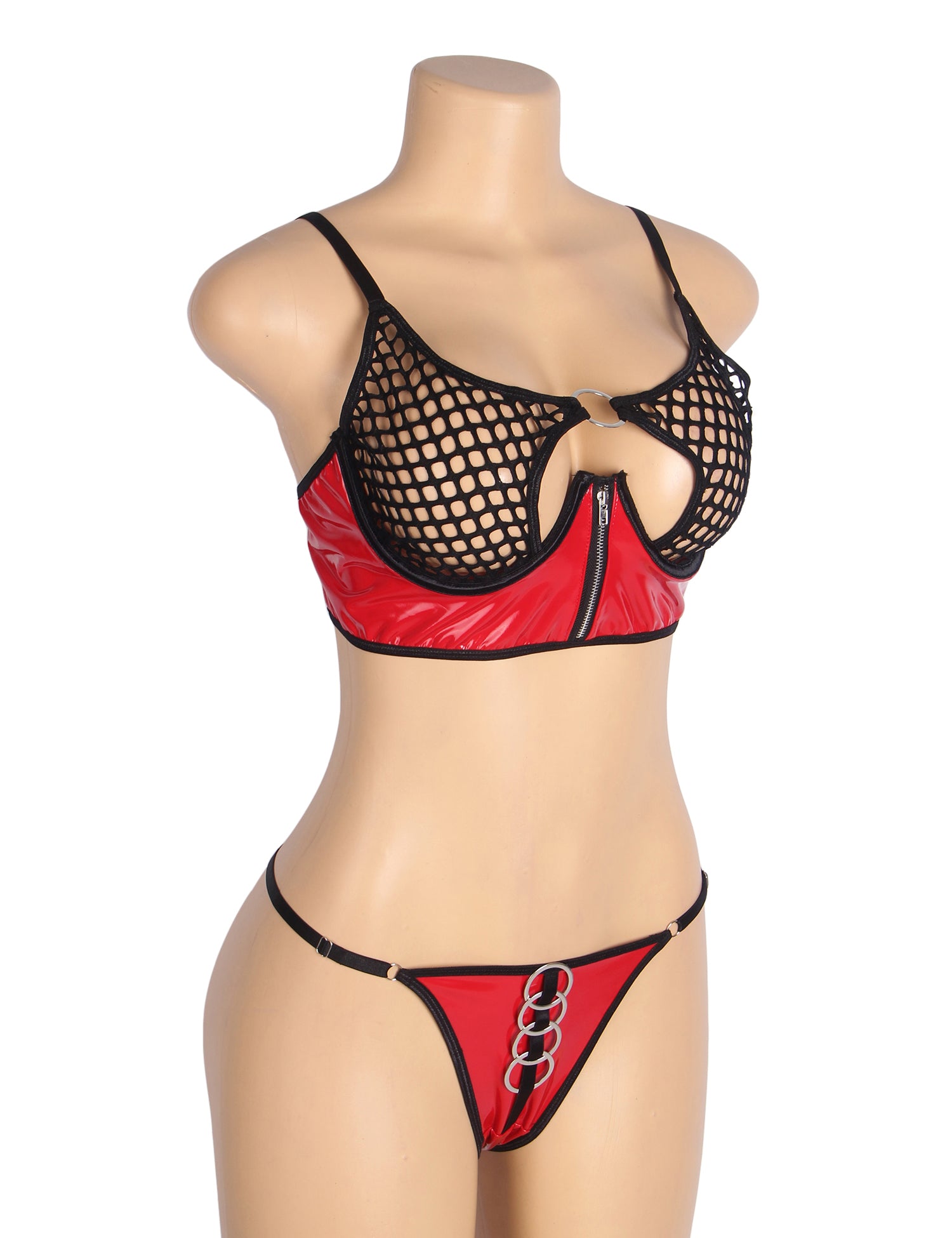 Red Sexy Patent Leather Mesh Zippered Bra Set