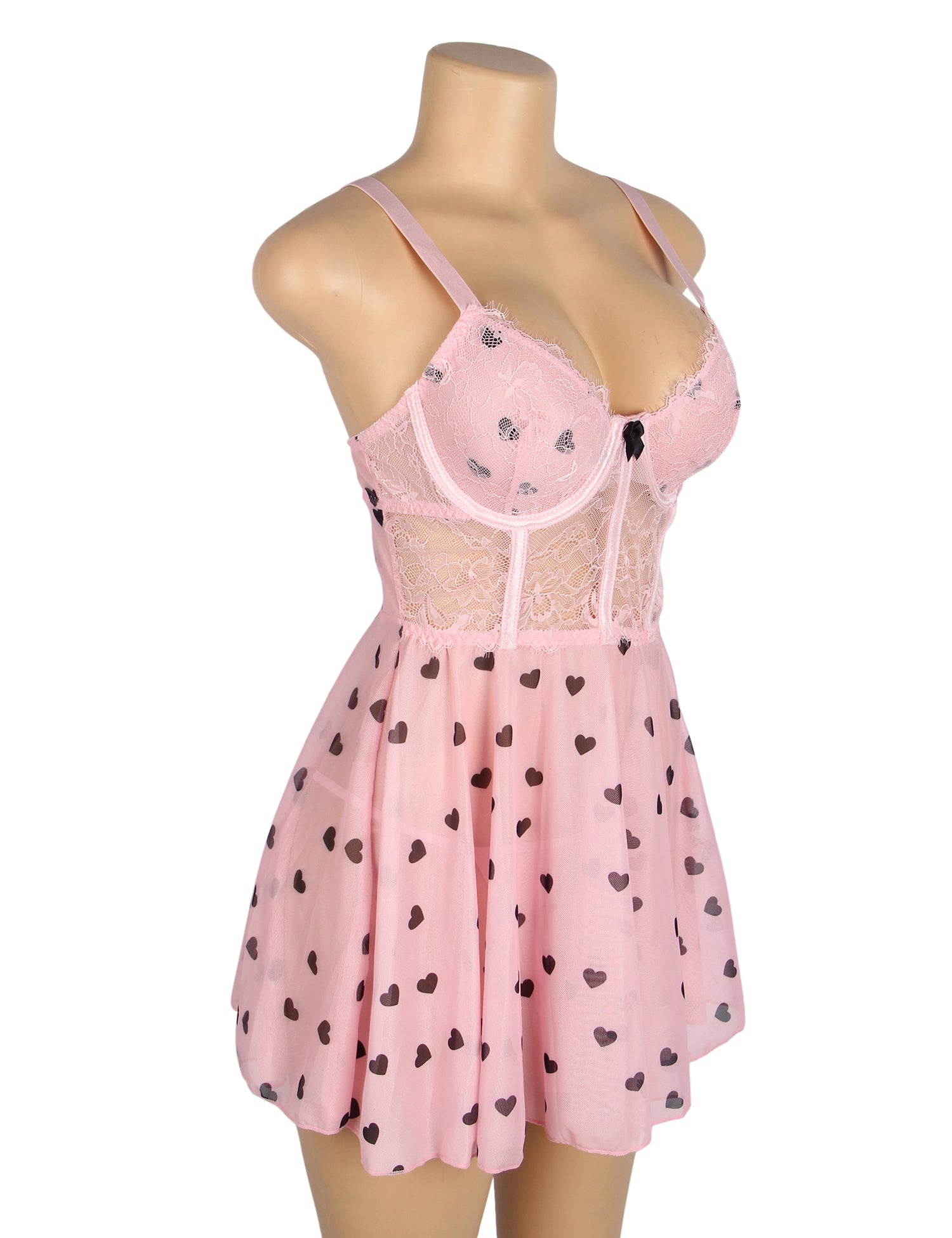 Pink Sexy Heart Printed Lace Mesh Push Up Nightdress
