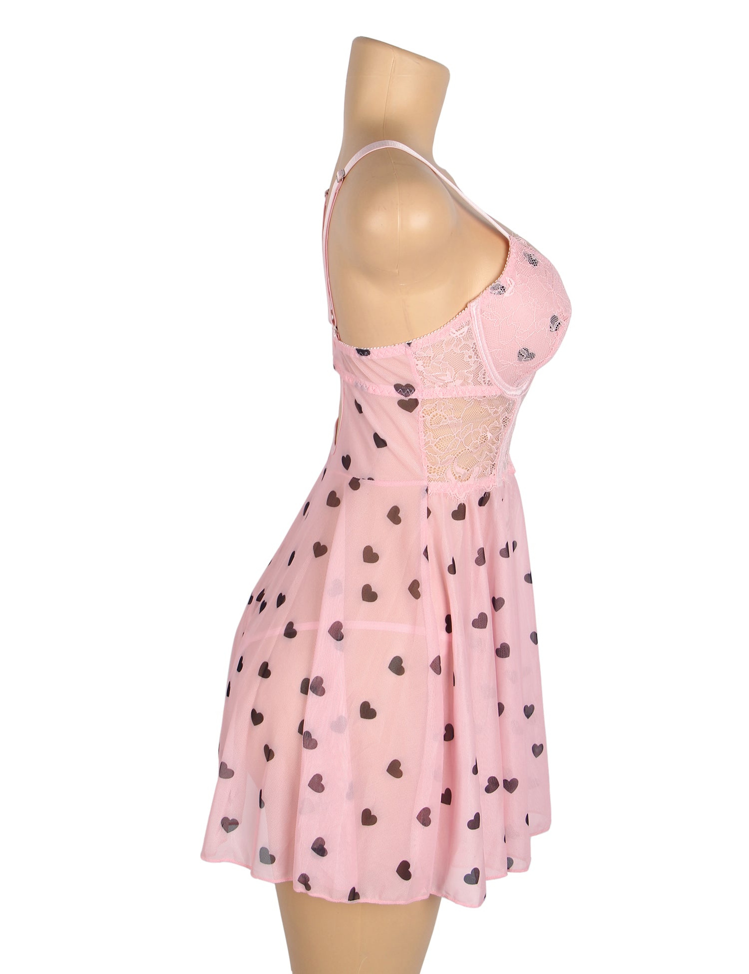 Pink Sexy Heart Printed Lace Mesh Push Up Nightdress