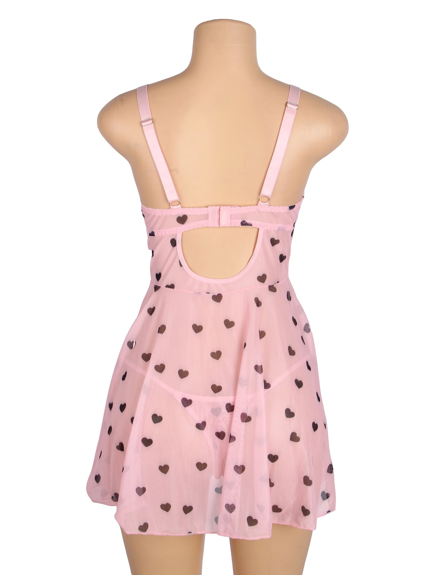 Pink Sexy Heart Printed Lace Mesh Push Up Nightdress