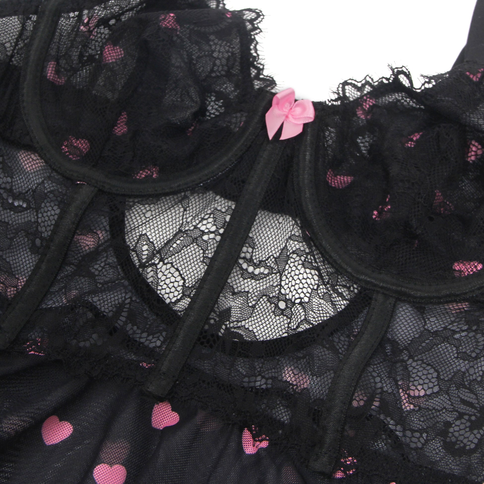Black Sexy Heart Printed Lace Mesh Push Up Nightdress
