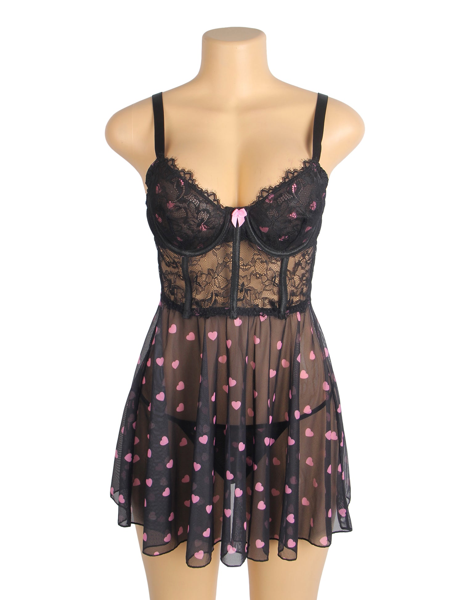 Black Sexy Heart Printed Lace Mesh Push Up Nightdress