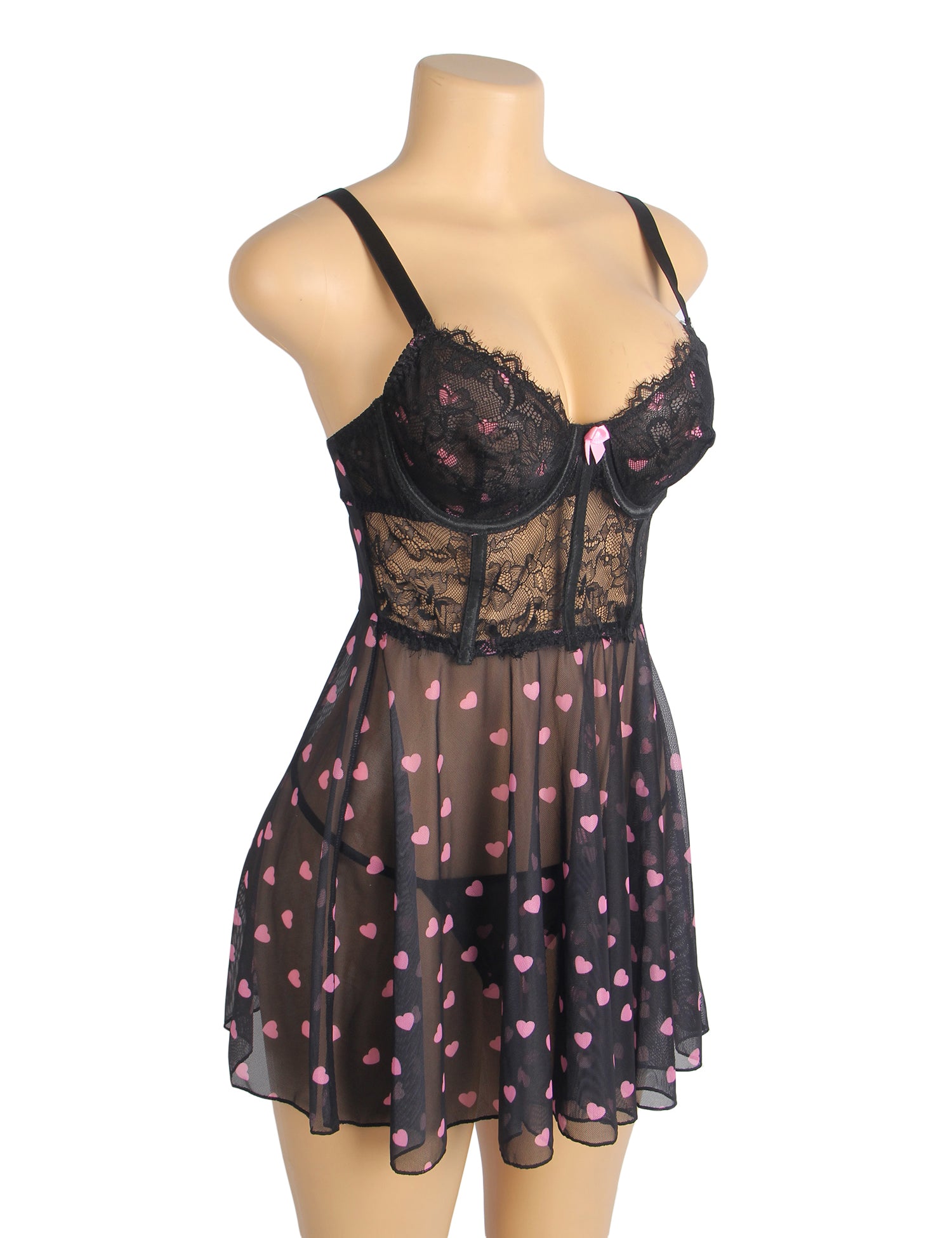 Black Sexy Heart Printed Lace Mesh Push Up Nightdress
