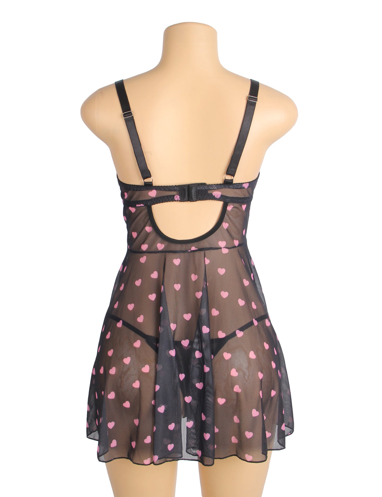 Black Sexy Heart Printed Lace Mesh Push Up Nightdress