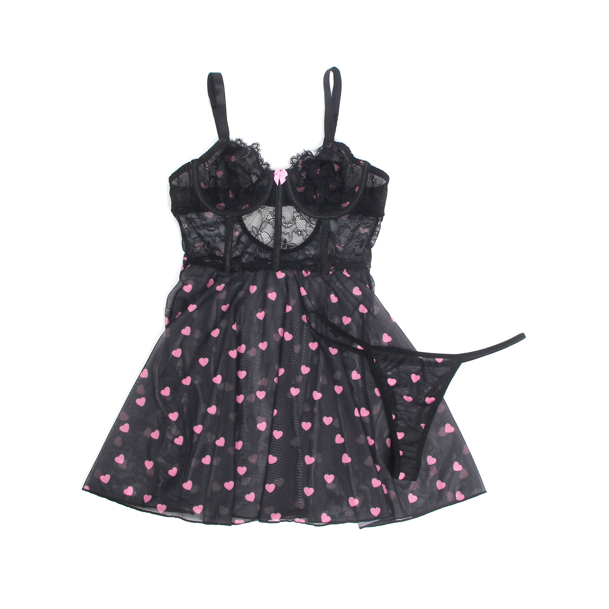 Black Sexy Heart Printed Lace Mesh Push Up Nightdress