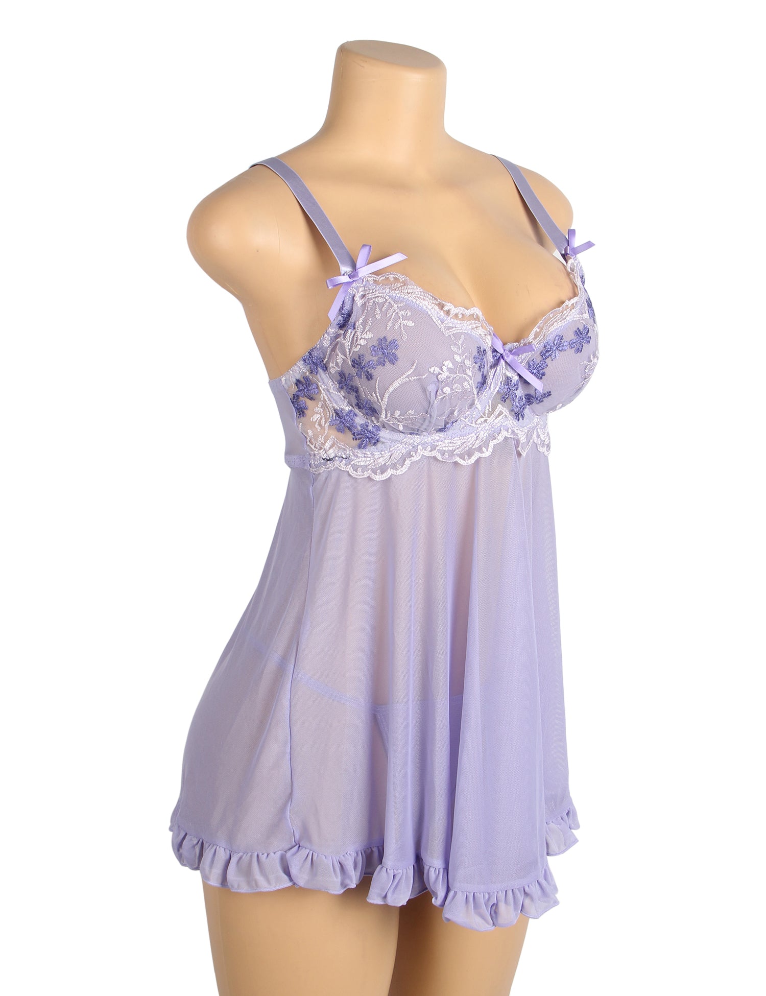 Purple Sexy Mesh Embroidery Lace Lift Bra Suspender Nightdress