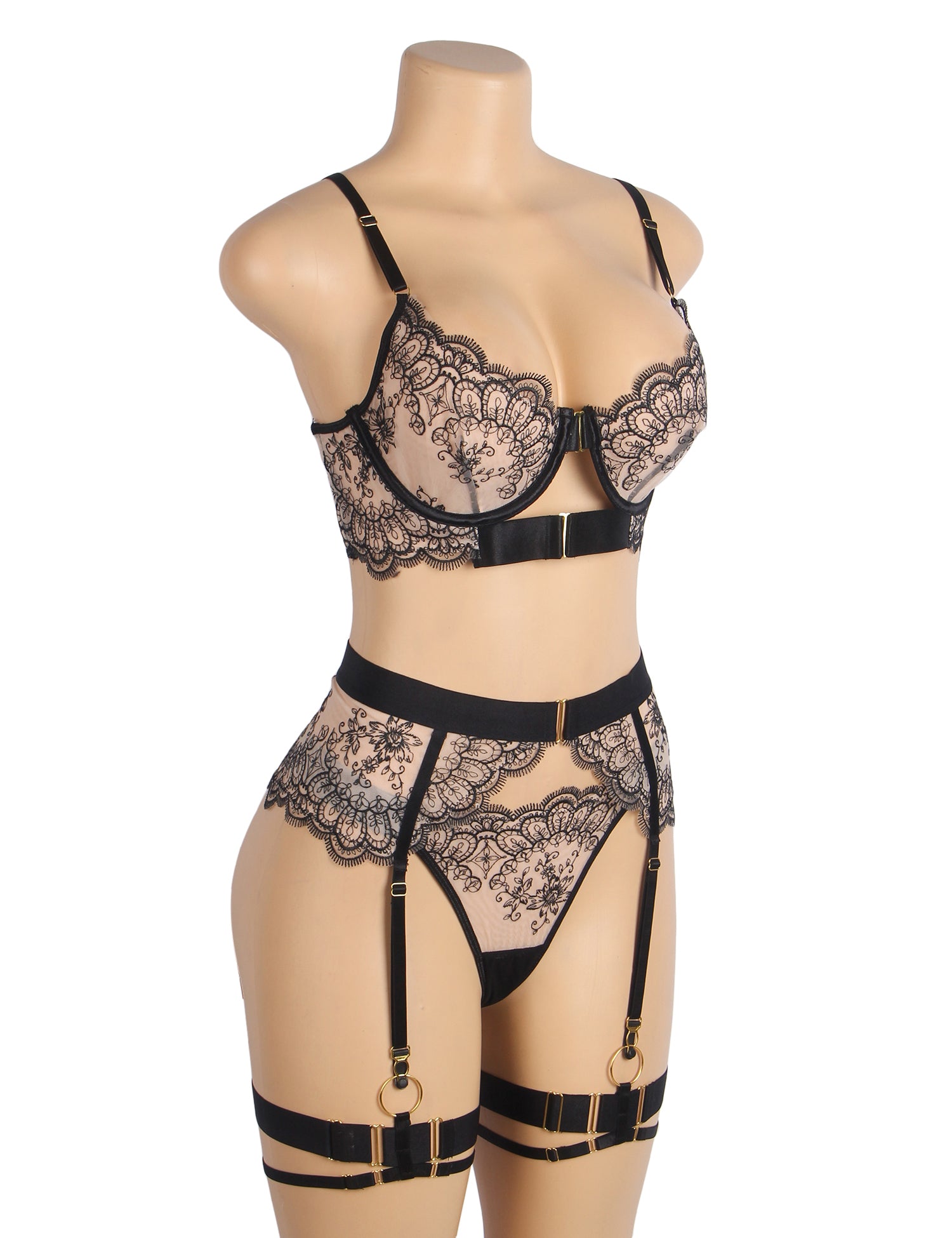Black Sexy Mesh Embroidery Lace Garter Bra Set