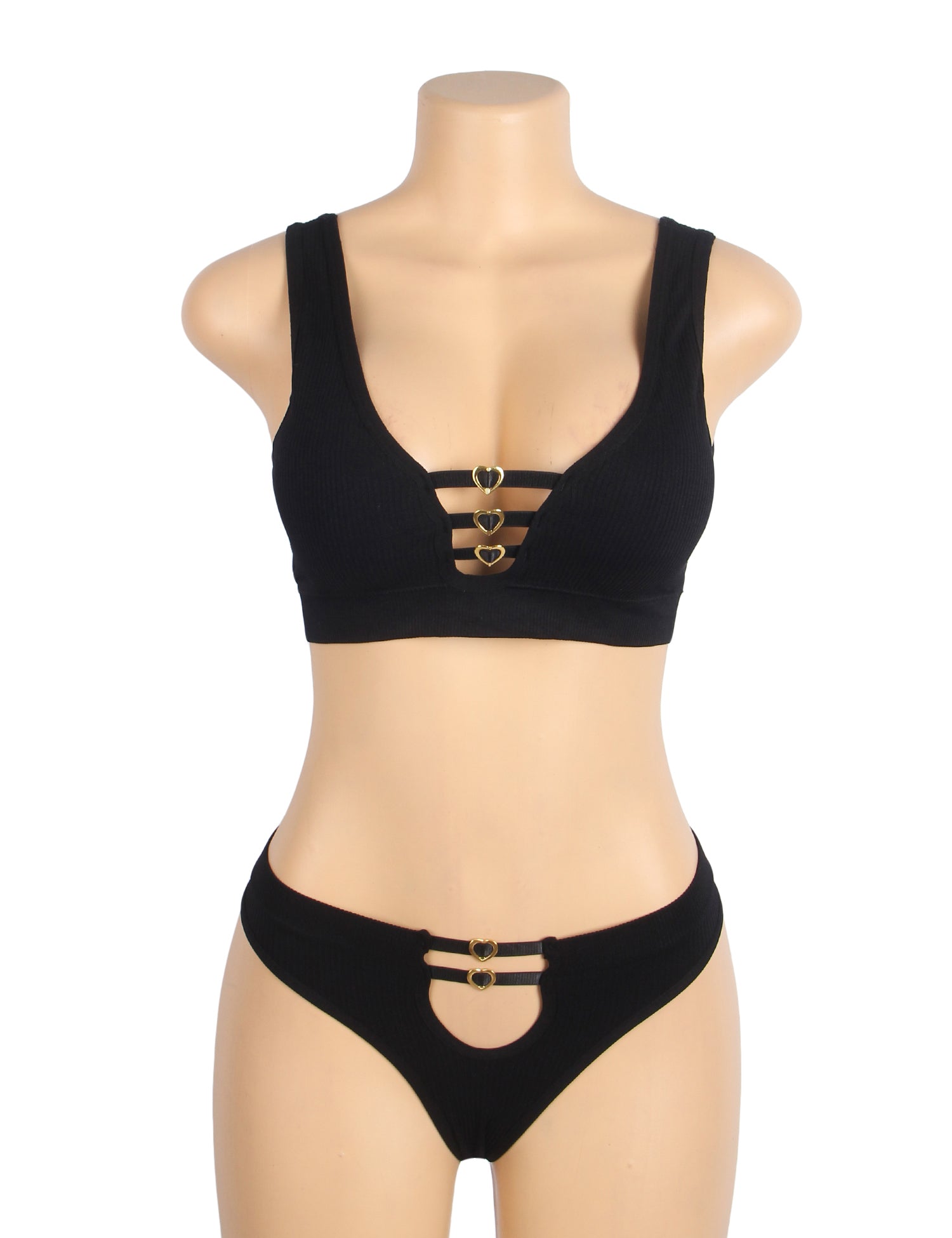 Black Sexy Hollow Heart Buckles Knitted Seamless Bra Set