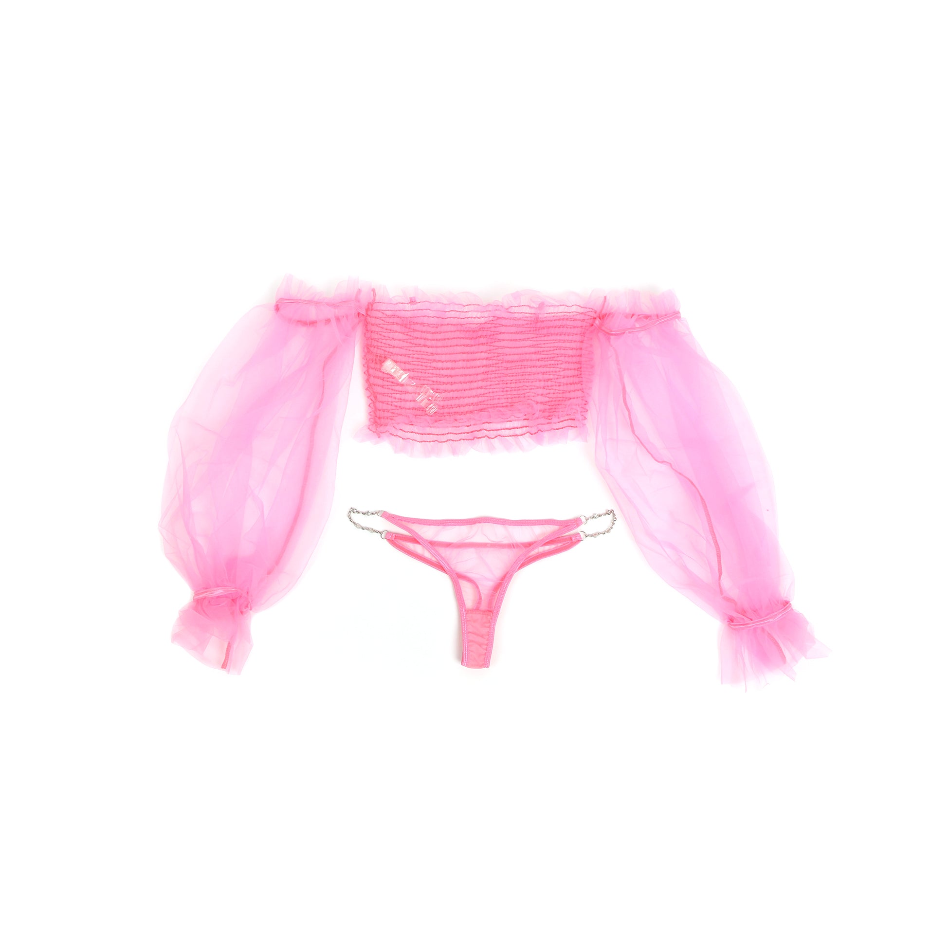 Pink Sexy See Through Mesh Metal Chain Long Sleeves Lingerie Set