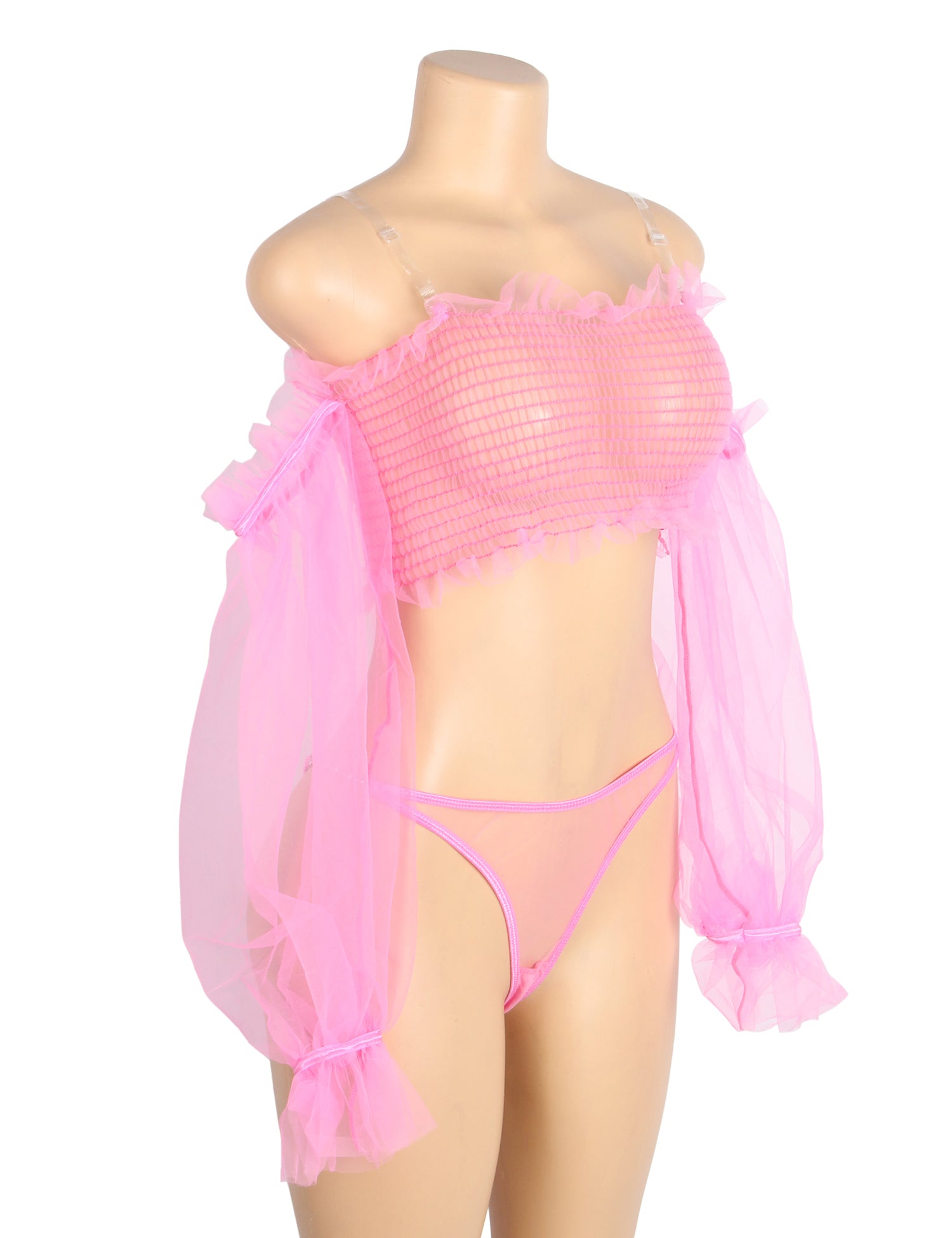 Pink Sexy See Through Mesh Metal Chain Long Sleeves Lingerie Set