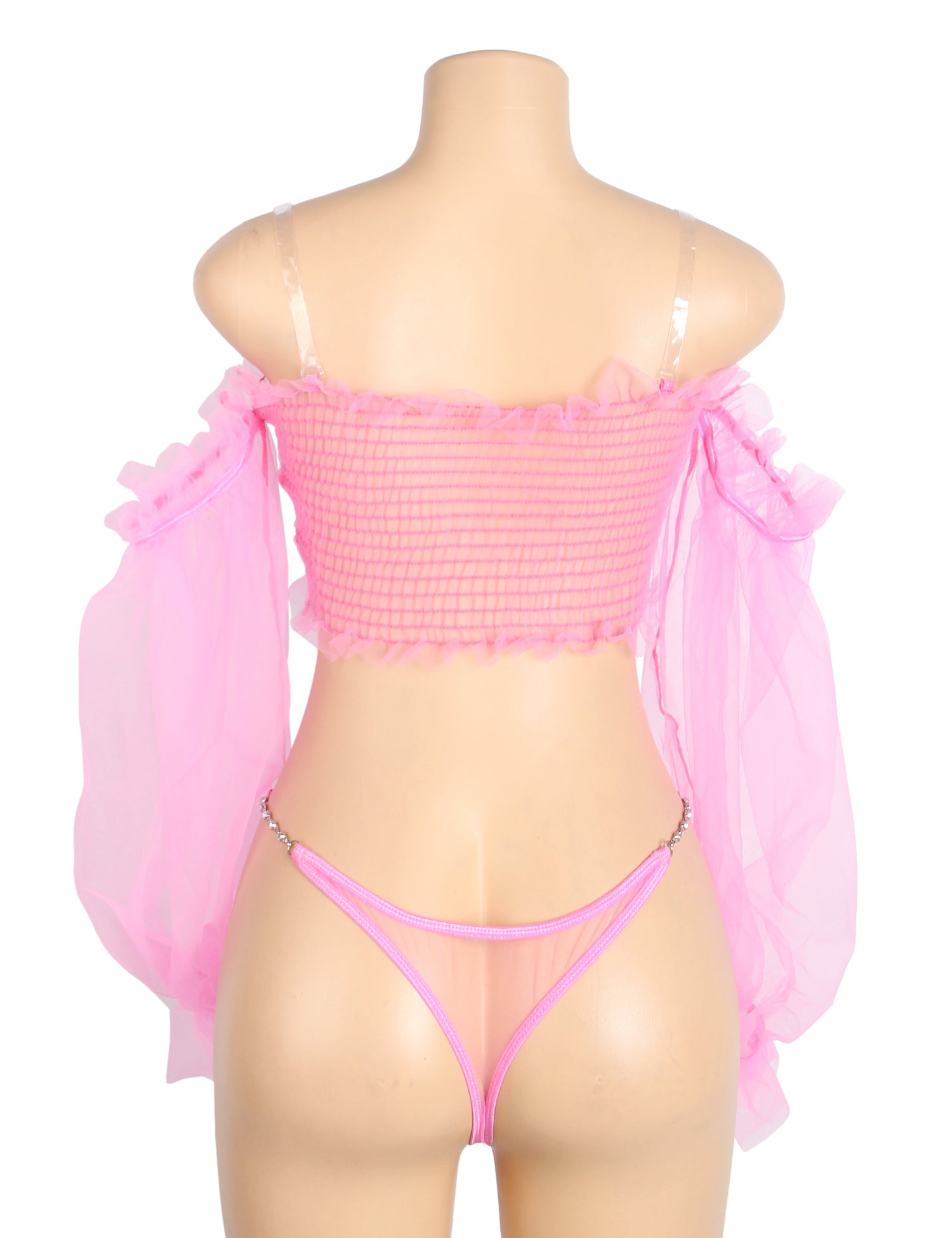 Pink Sexy See Through Mesh Metal Chain Long Sleeves Lingerie Set