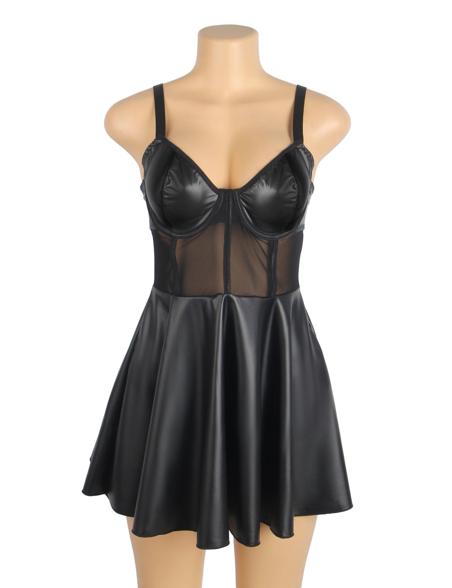 Black PU Leather Mesh Sexy Suspender Leather Nightdress
