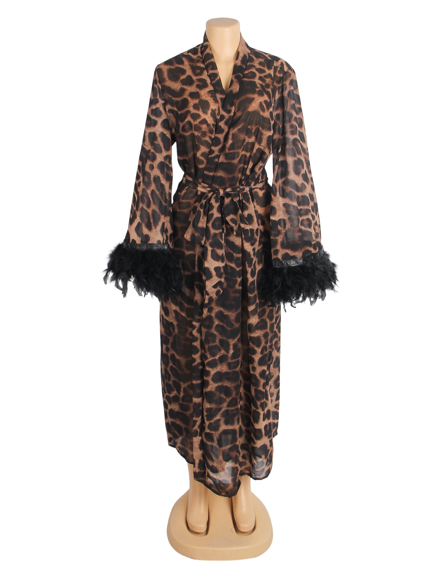Sexy Leopard Print Chiffon Feather Long Robe With Belt