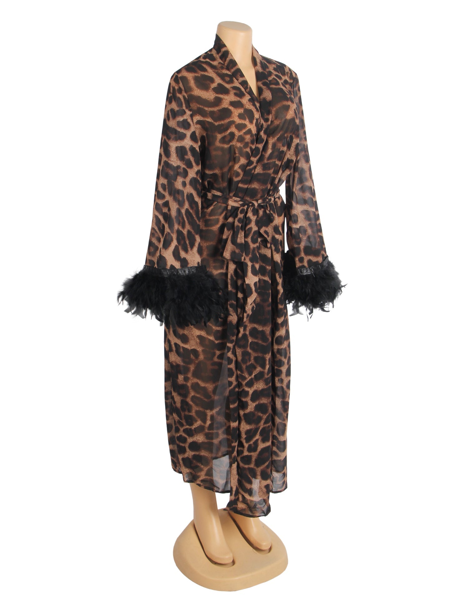 Sexy Leopard Print Chiffon Feather Long Robe With Belt