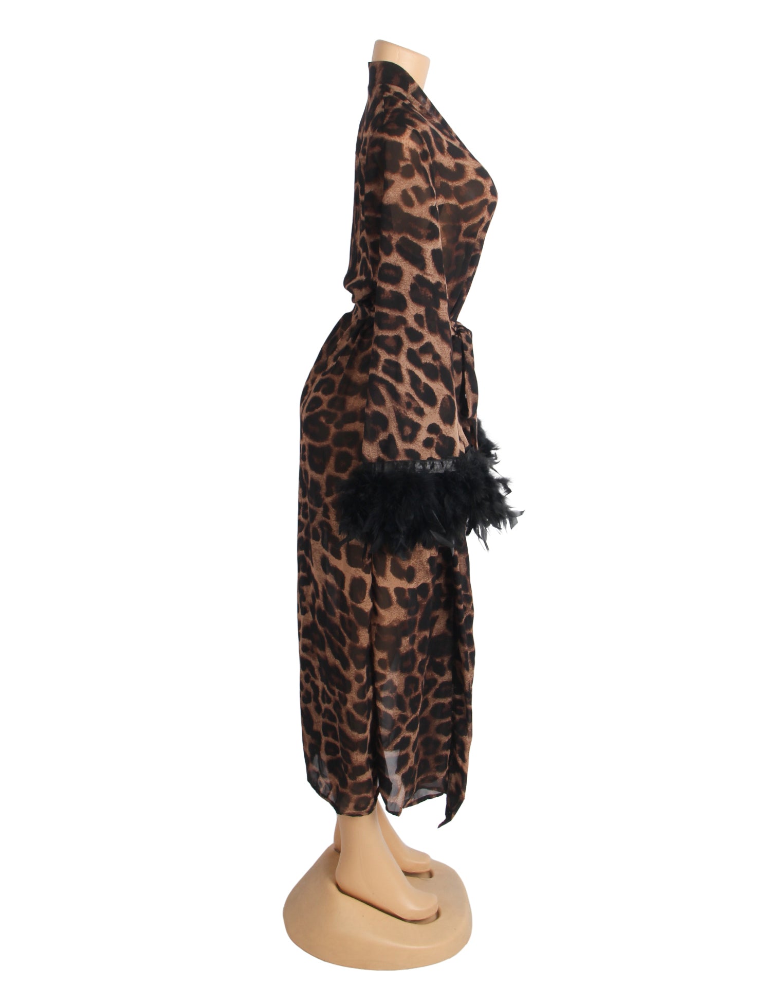 Sexy Leopard Print Chiffon Feather Long Robe With Belt