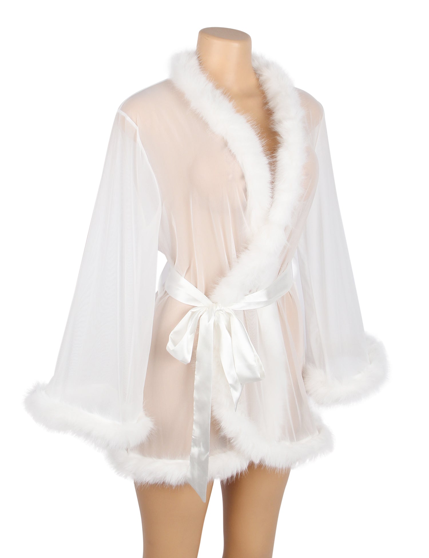 White Sexy Mesh Mink Fur Trim  Short Robe With Belt