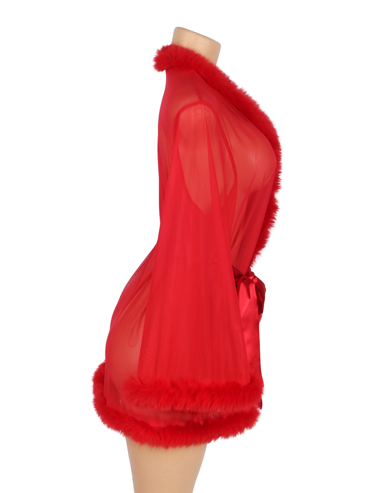 Red Sexy Mesh Mink Fur Trim  Short Robe With Belt