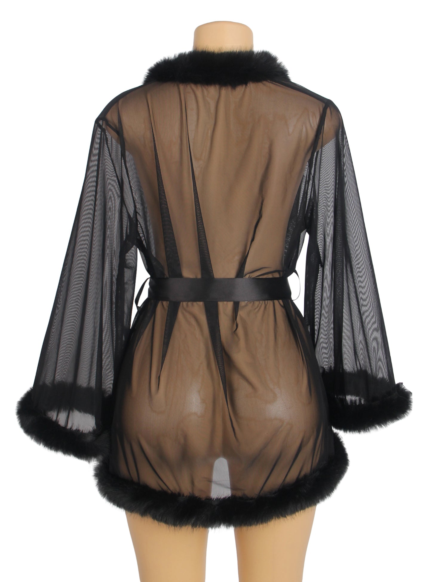 Black Sexy Mesh Mink Fur Trim  Short Robe With Belt