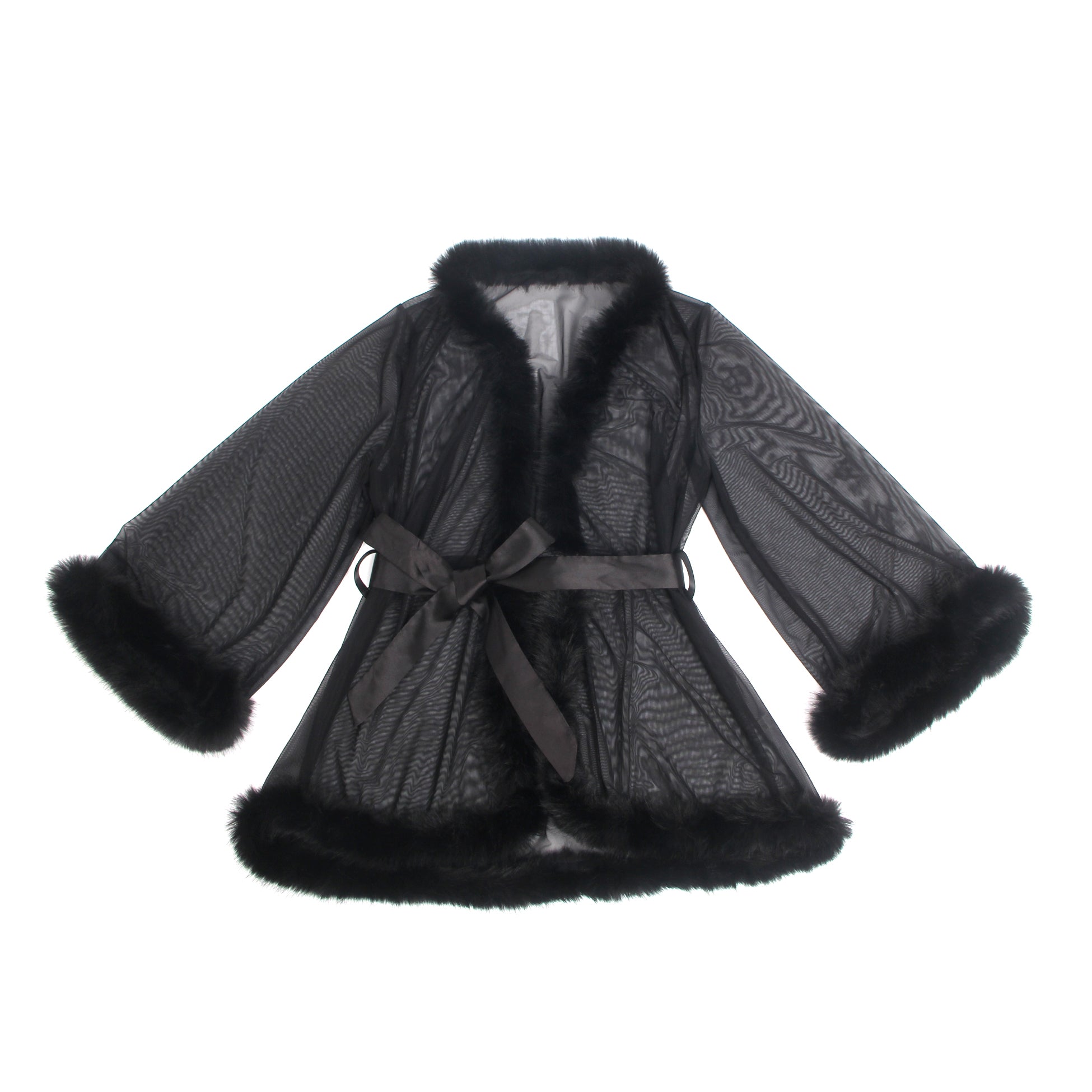 Black Sexy Mesh Mink Fur Trim  Short Robe With Belt