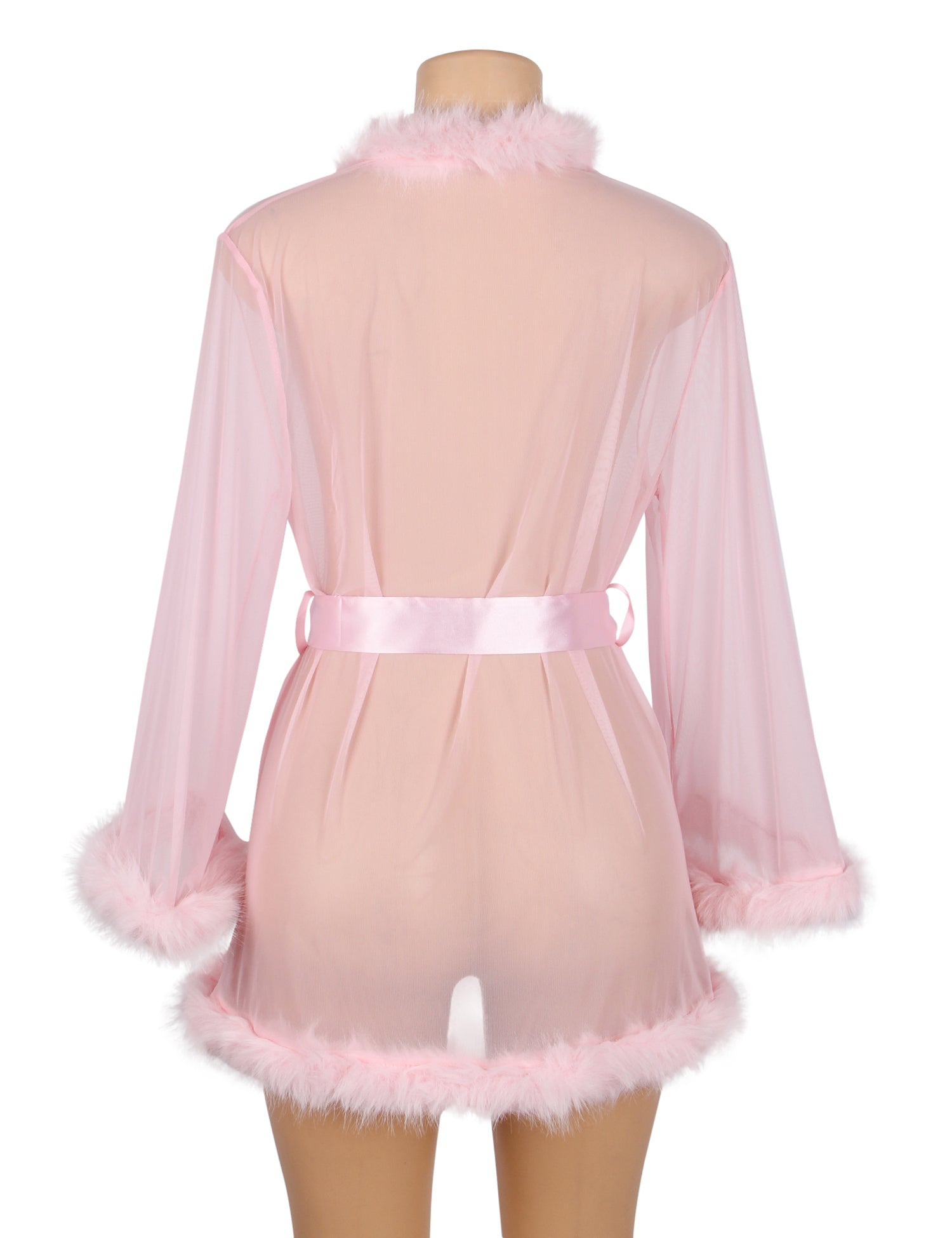 Pink Sexy Mesh Mink Fur Trim  Short Robe With Belt