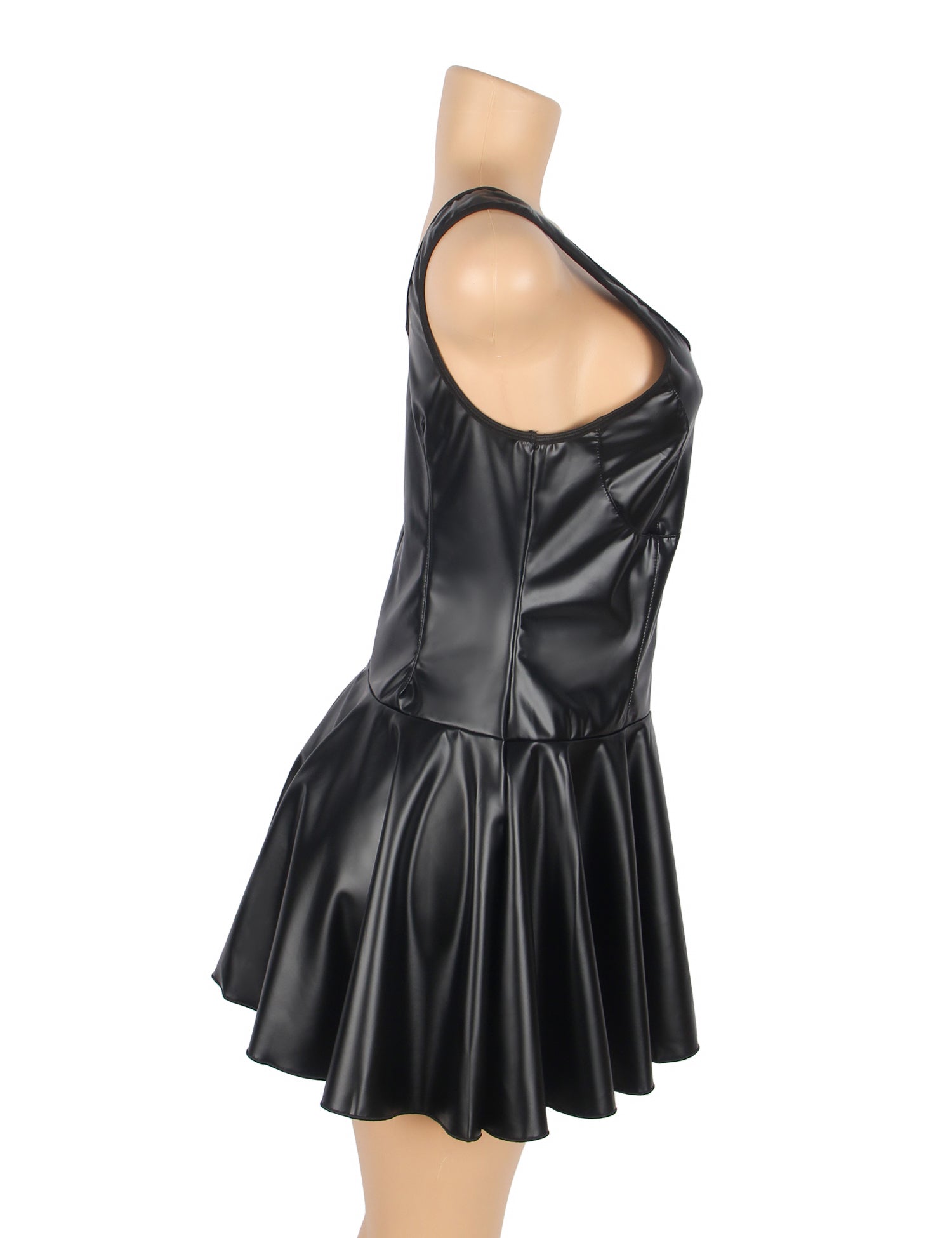 Black PU Leather Wide Shoulder Straps Heart Zipper Sexy Nightdress