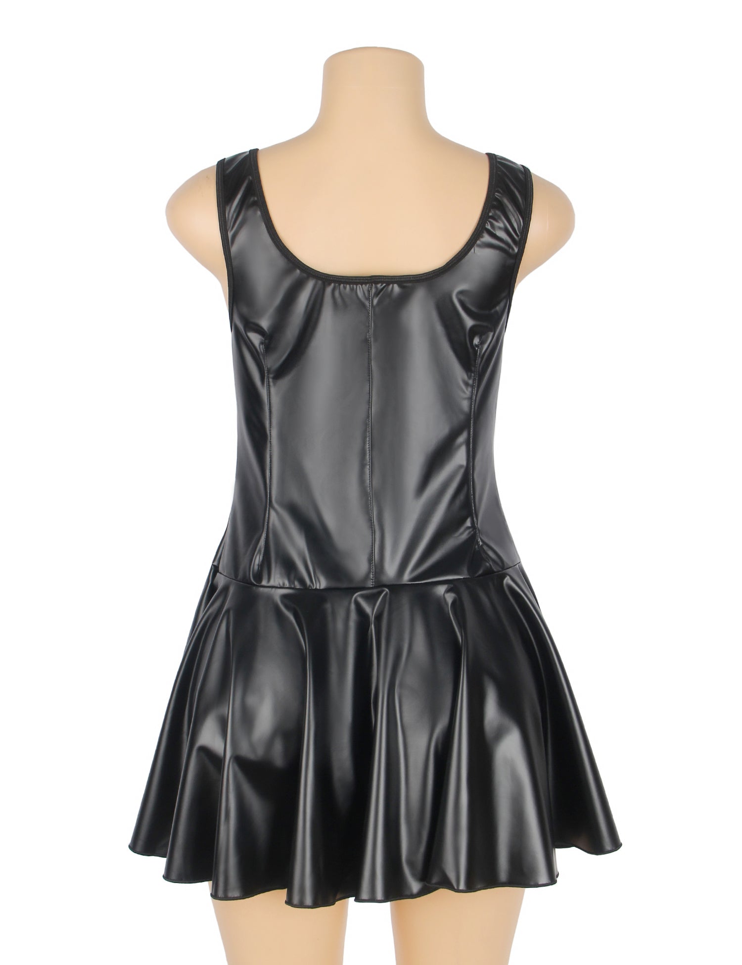 Black PU Leather Wide Shoulder Straps Heart Zipper Sexy Nightdress