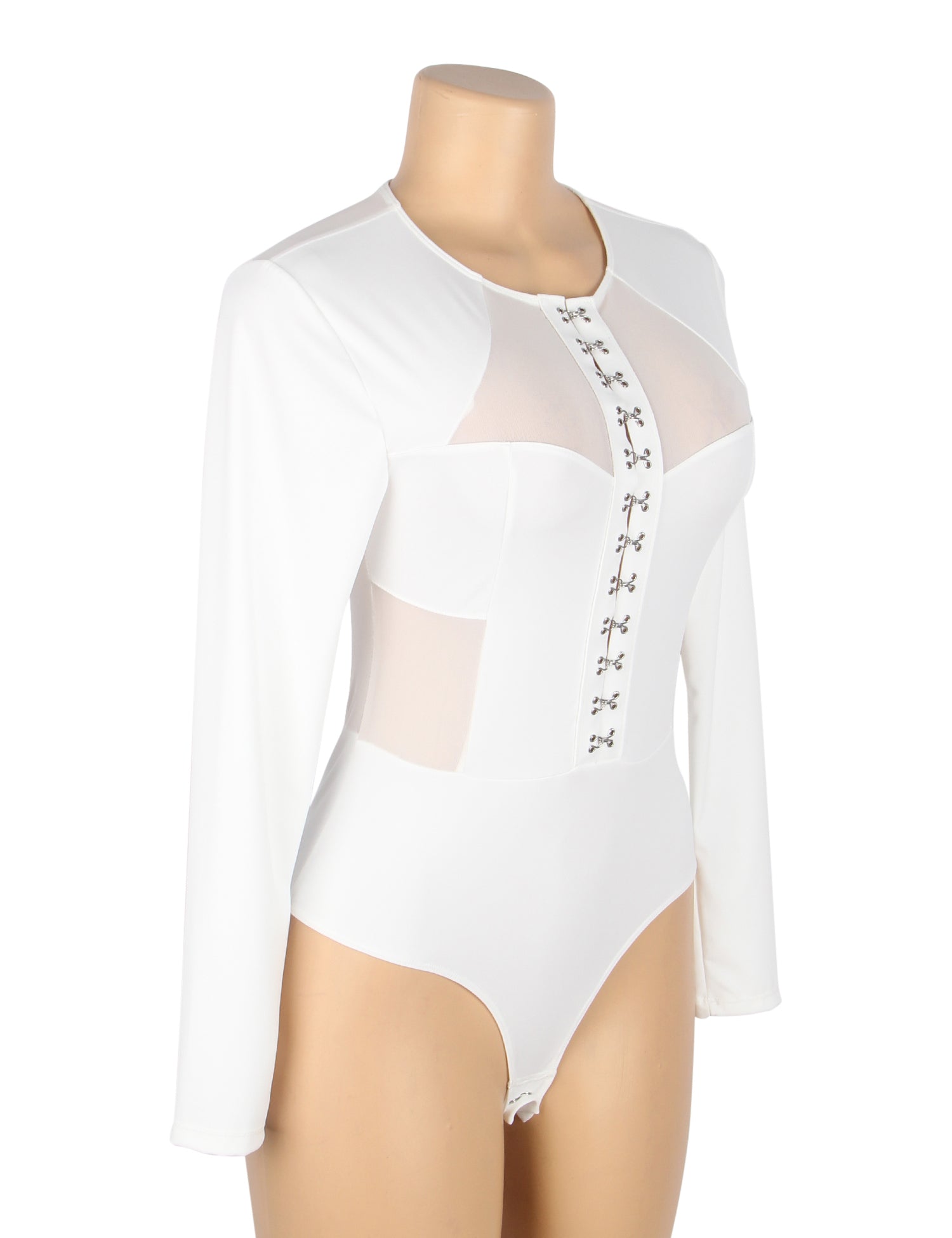 White Sexy Swim Cloth And Mesh Long Sleeves Open Crotch Bodysuit