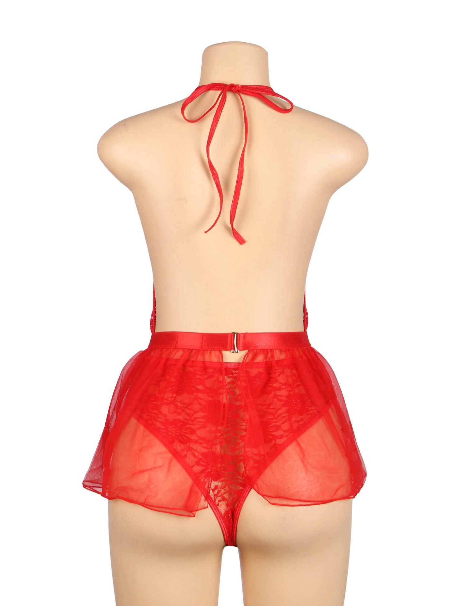 Red Sexy Lace Mesh Halter Neck Open Crotch Teddy Lingerie 2PCS Set