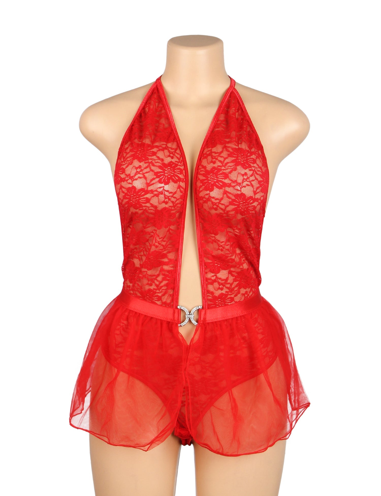 Red Sexy Lace Mesh Halter Neck Open Crotch Teddy Lingerie 2PCS Set