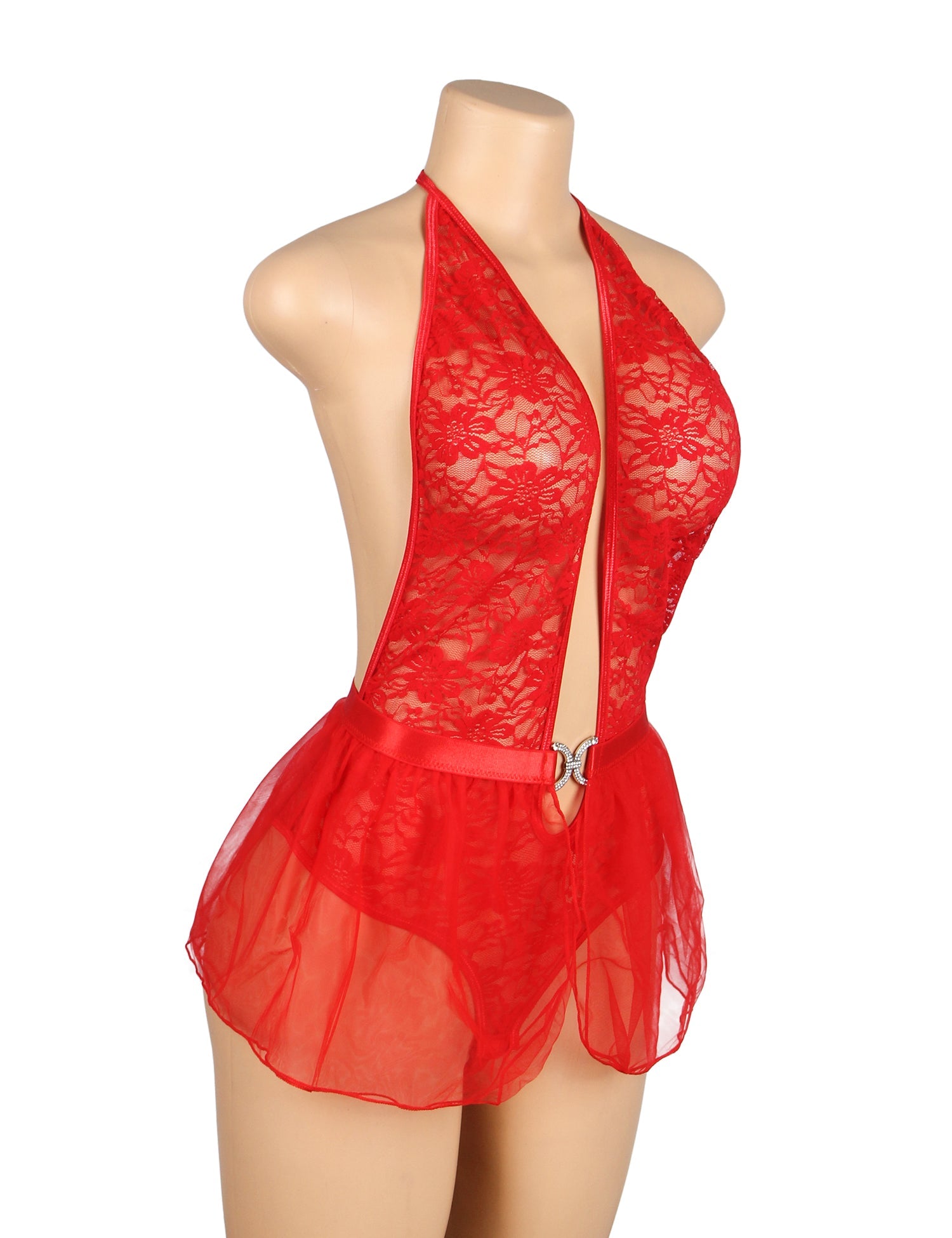Red Sexy Lace Mesh Halter Neck Open Crotch Teddy Lingerie 2PCS Set