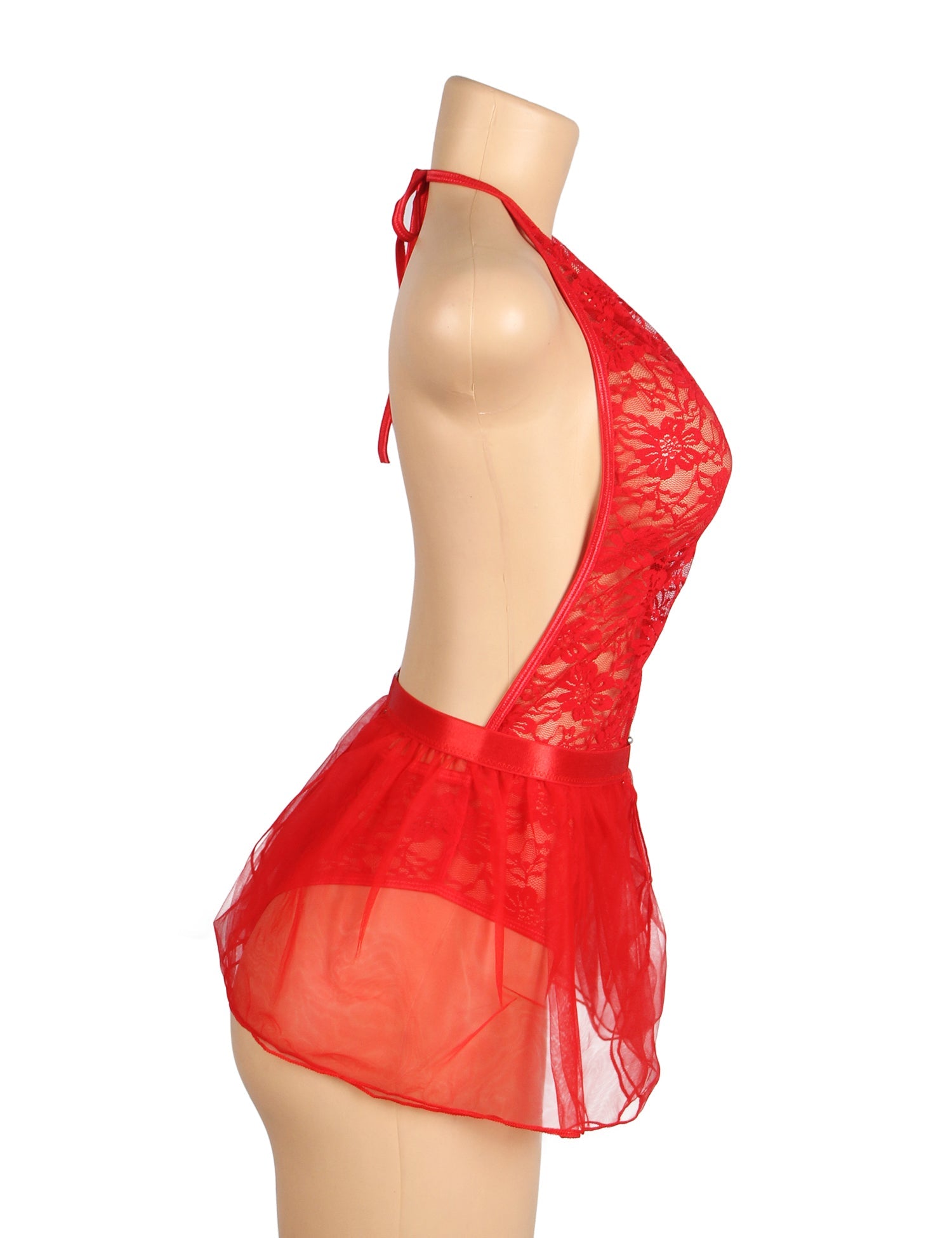 Red Sexy Lace Mesh Halter Neck Open Crotch Teddy Lingerie 2PCS Set