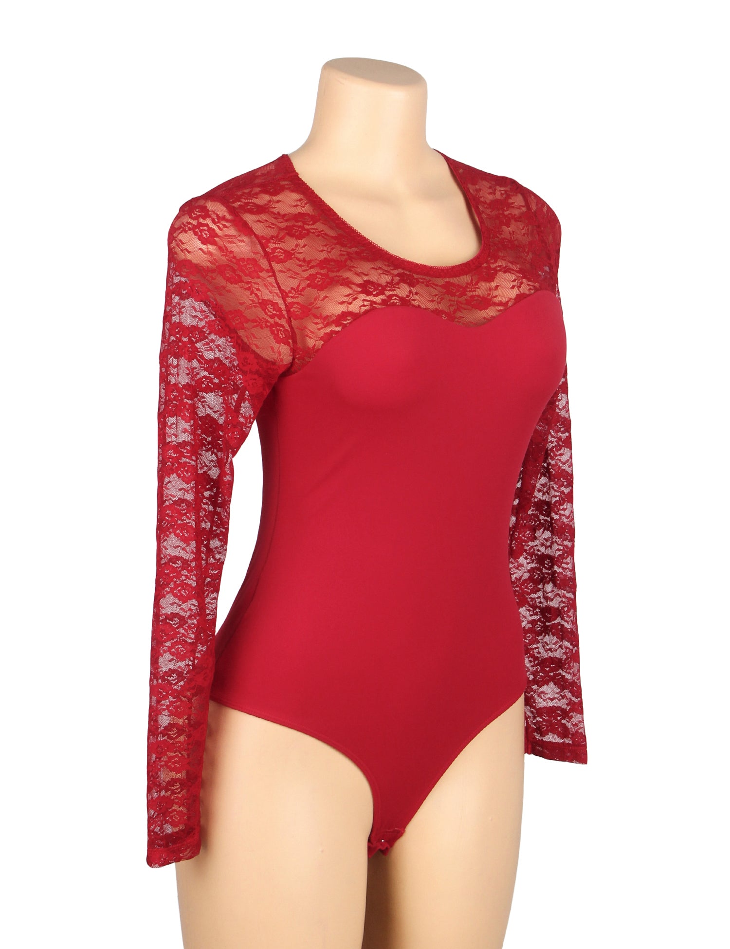 Burgundy Sexy Swim Cloth Lace Long Sleeves Open Crotch Bodysuit
