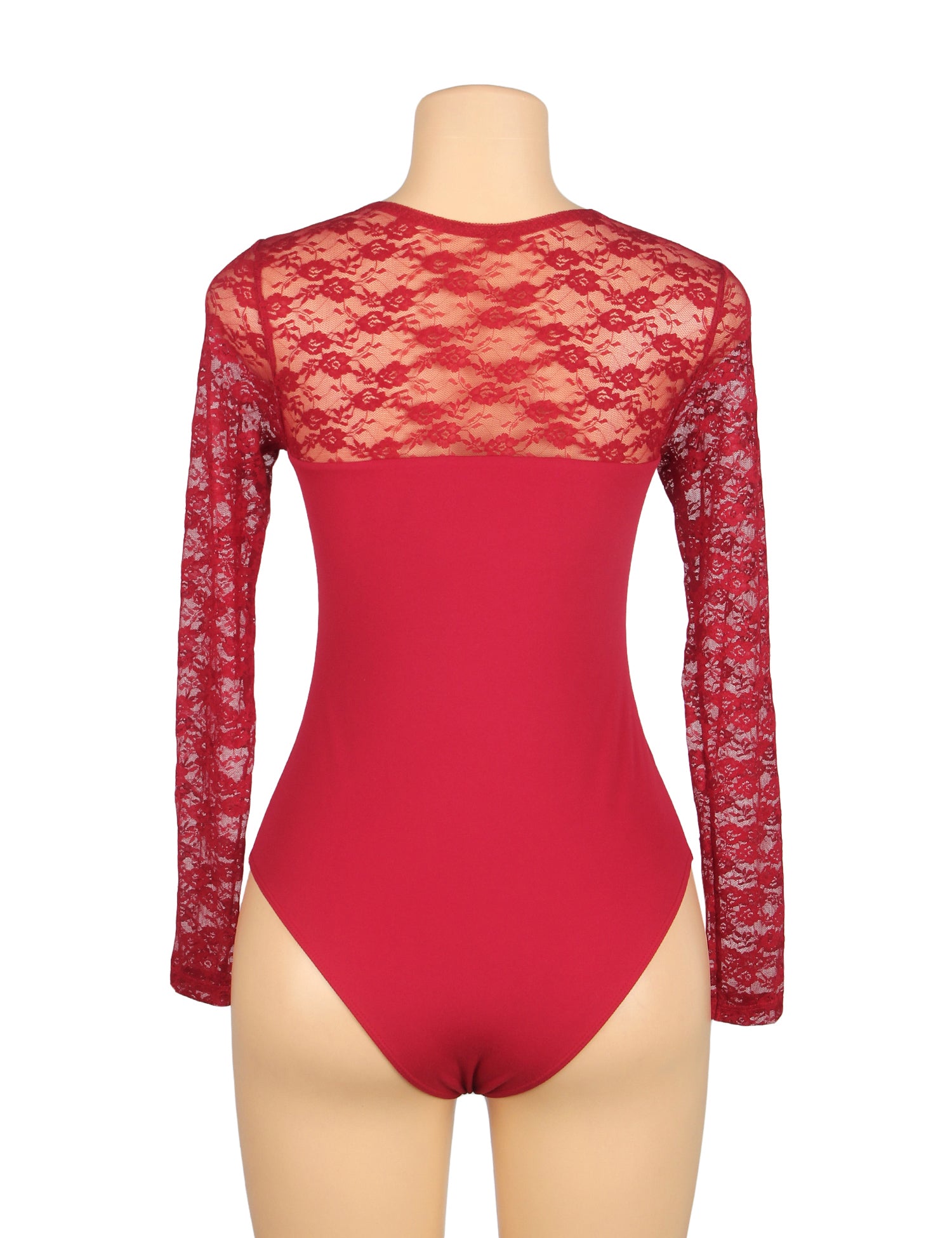 Burgundy Sexy Swim Cloth Lace Long Sleeves Open Crotch Bodysuit