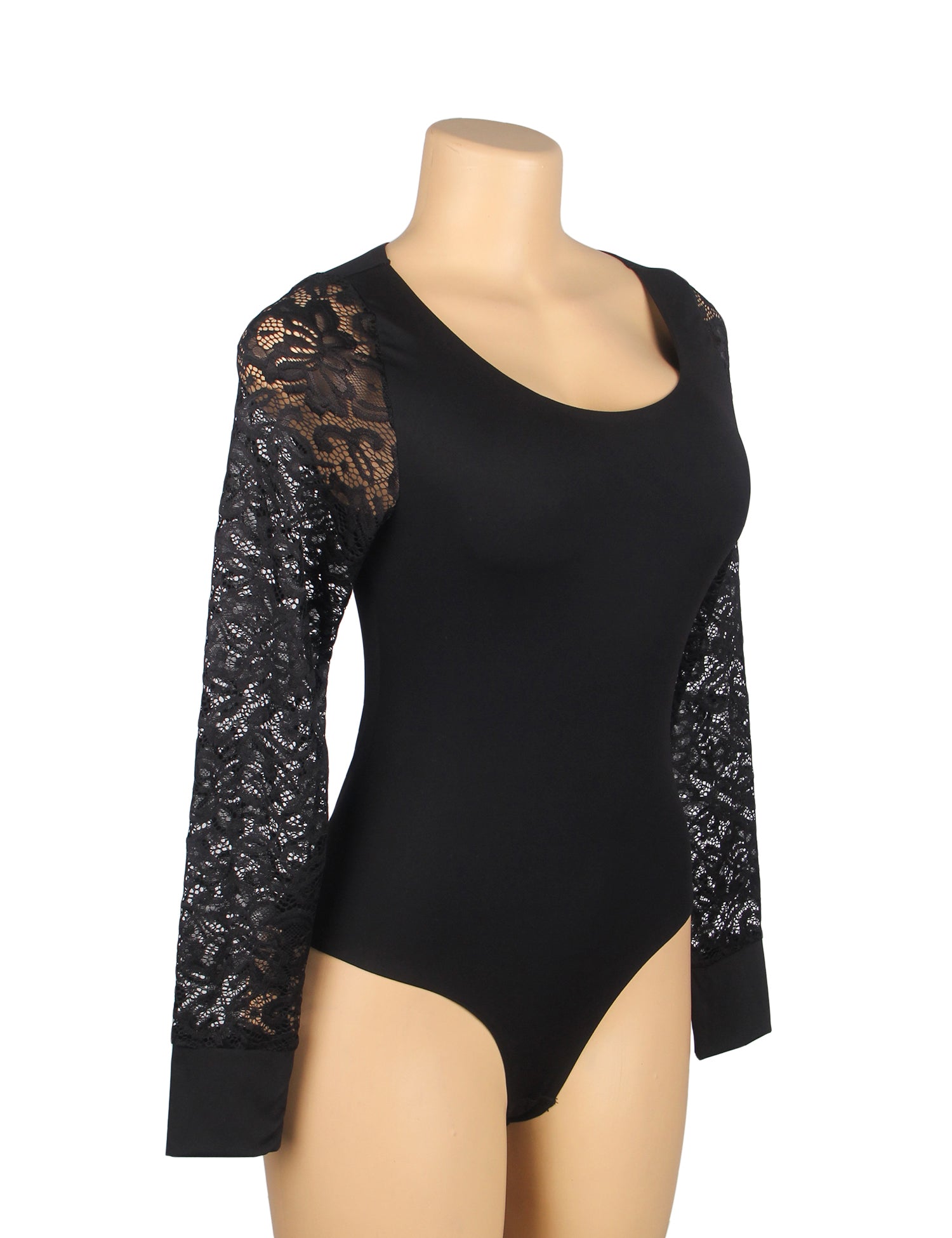 Black Sexy Swim Cloth Lace Sleeves Round Neck Open Crotch Bodysuit